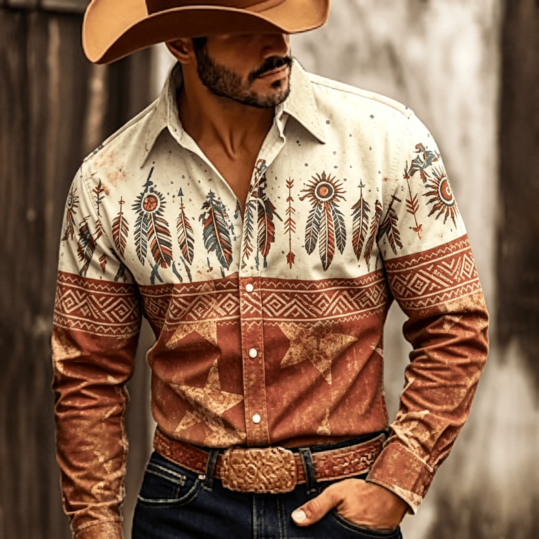 Men's Western Aztec Feather Print Long Sleeve Shirt, Southwestern Sun Arrow Pattern Casual Button Down for Spring & Summer
Men's Western Aztec Feather Print Long Sleeve Shirt, Southwestern Sun Arrow Pattern Casual Button Down for Spring & Summer