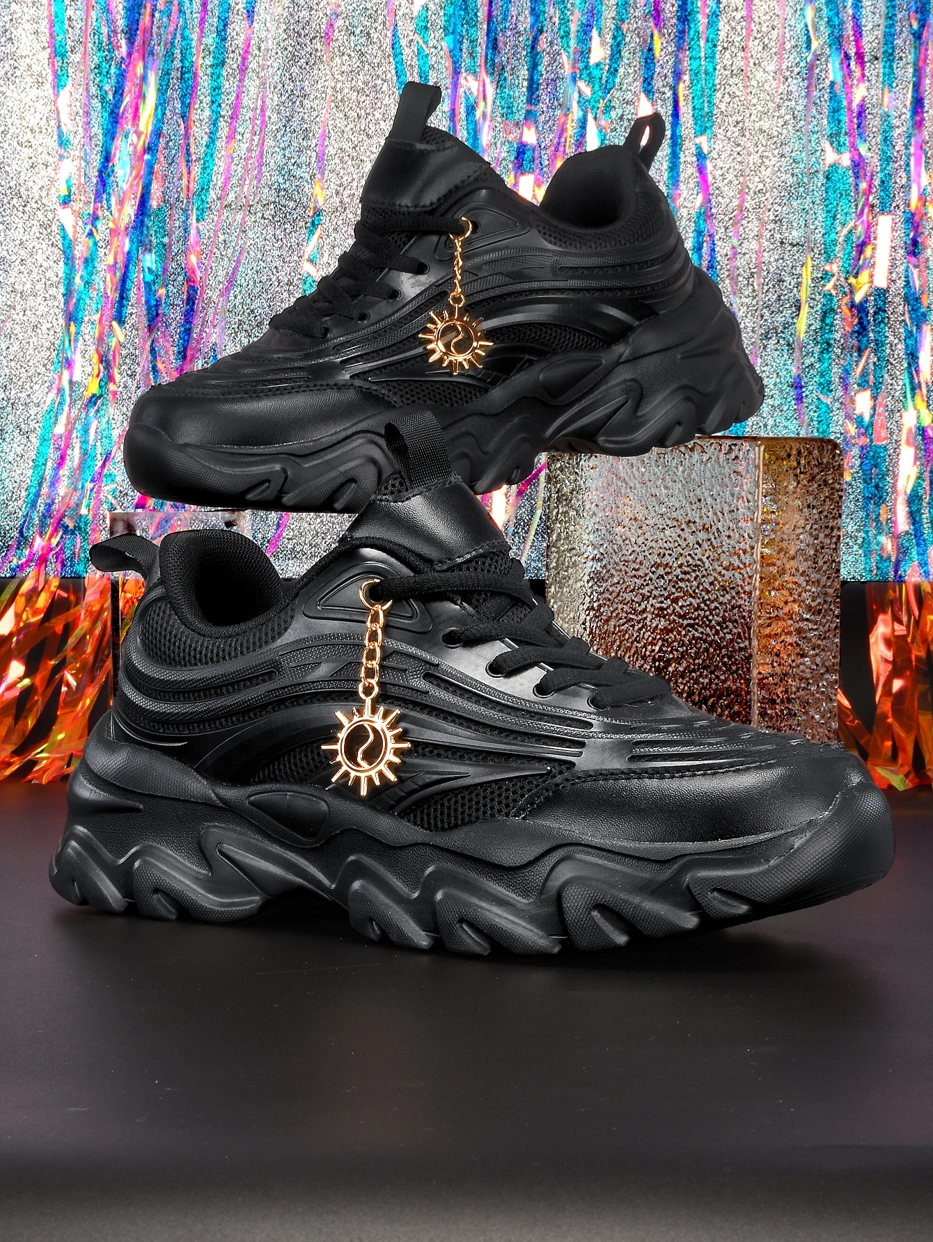Women's Platform Sneakers with 5cm Height Increase, Retro Gold Sunflower Metal Chain Decoration, Breathable Mesh, Eva Irregular Sole, Black Casual Sports Shoes, Trendy for Everyday Outings, Commuting, Sweet and Cool Style, Unique Design, Student-Friendly,
Women's Platform Sneakers with 5cm Height Increase, Retro Gold Sunflower Metal Chain Decoration, Breathable Mesh, Eva Irregular Sole, Black Casual Sports Shoes, Trendy for Everyday Outings, Commuting, Sweet and Cool Style, Unique Design, Student-Friendly,