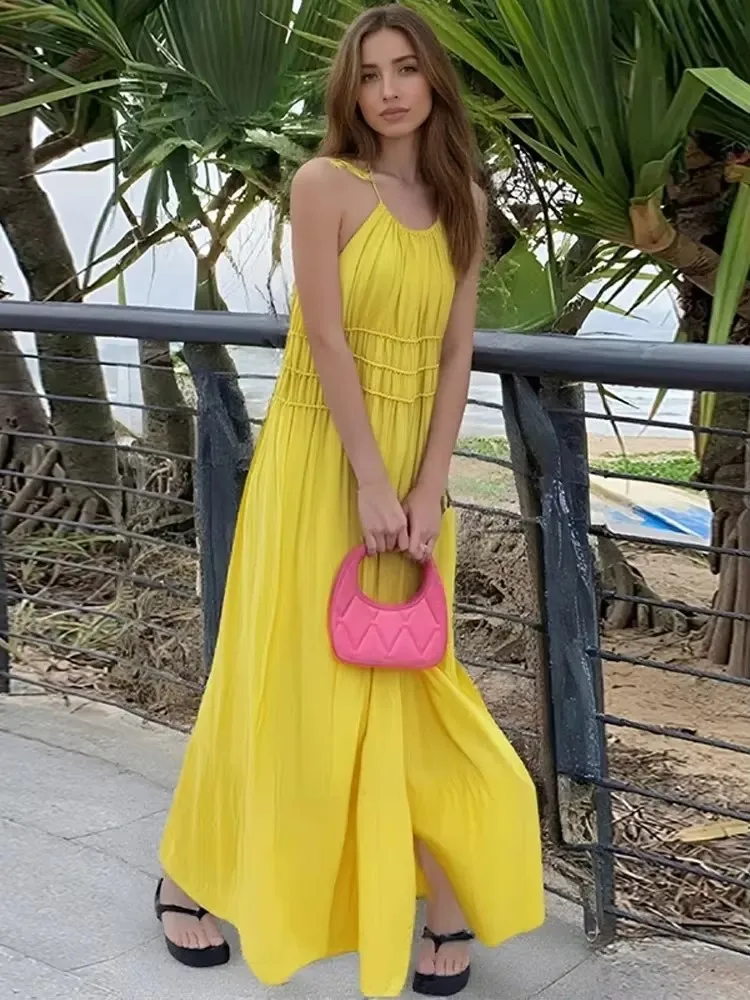 Pleated Halter Long Dress Women Fashion Linen Sexy Sleeveless Backless Loose Maxi Dresses 2025 New Summer Vacation Sling Dresses
Pleated Halter Long Dress Women Fashion Linen Sexy Sleeveless Backless Loose Maxi Dresses 2025 New Summer Vacation Sling Dresses