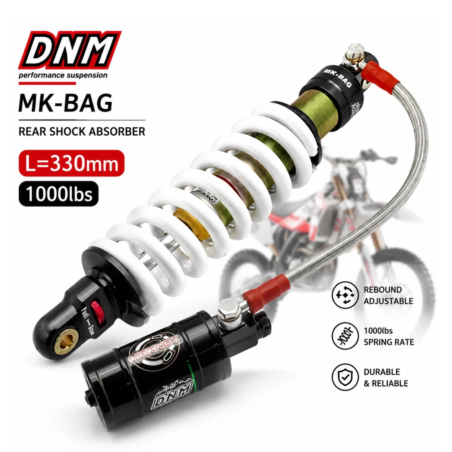 DNM MK-BAG 330mm 1000LBS Rear Shock Absorber Double Adjustabl Damper for 150cc 200cc 250cc Pit Dirt Bike ATV Off-Road Motorcycle
DNM MK-BAG 330mm 1000LBS Rear Shock Absorber Double Adjustabl Damper for 150cc 200cc 250cc Pit Dirt Bike ATV Off-Road Motorcycle