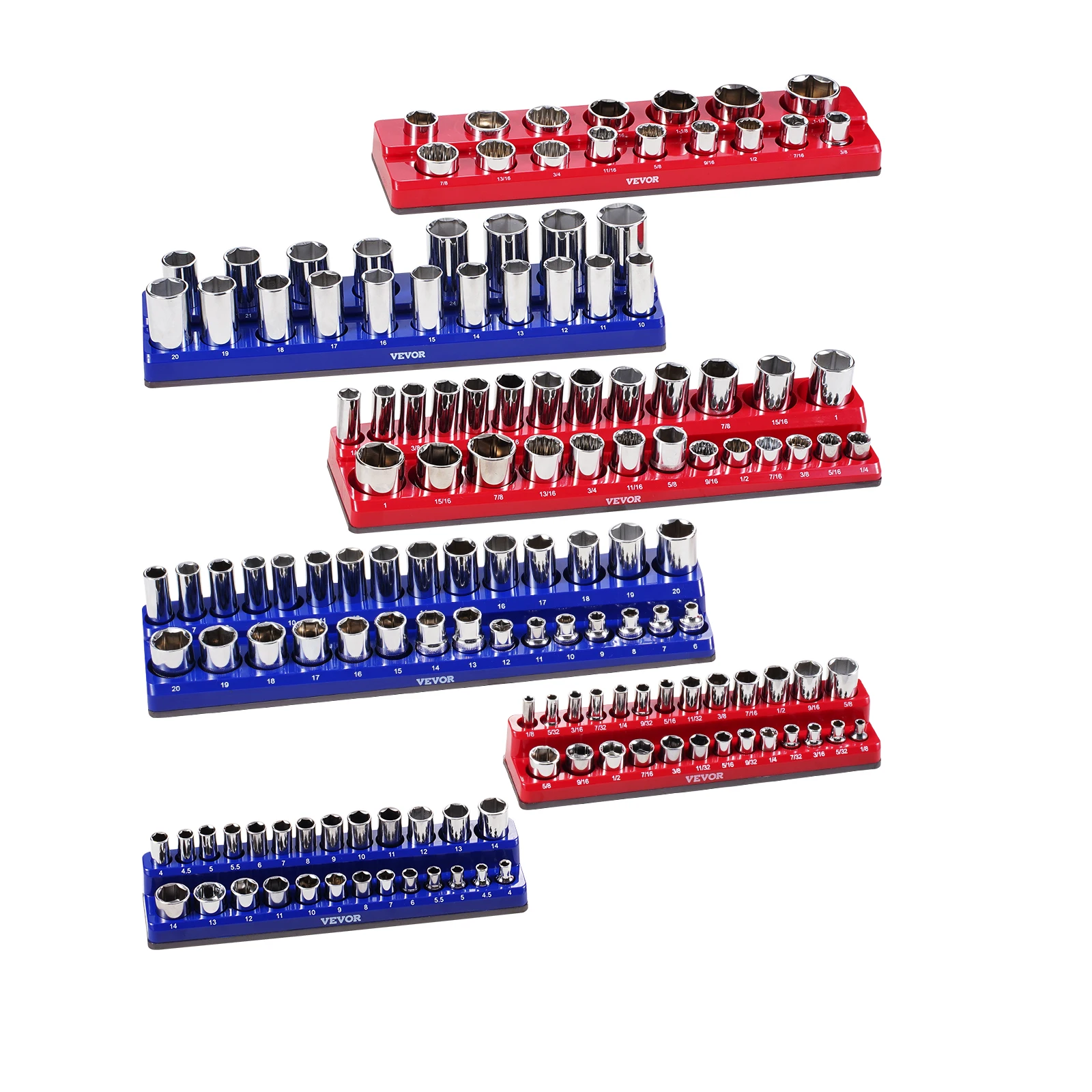 VEVOR 6pcs/8pcs Blue+Red Magnetic Socket Organizer Set 1/4'' 3/8'' 1/2'' Metric SAE Socket Trays with Clear Labels for Tool Box
VEVOR 6pcs/8pcs Blue+Red Magnetic Socket Organizer Set 1/4'' 3/8'' 1/2'' Metric SAE Socket Trays with Clear Labels for Tool Box