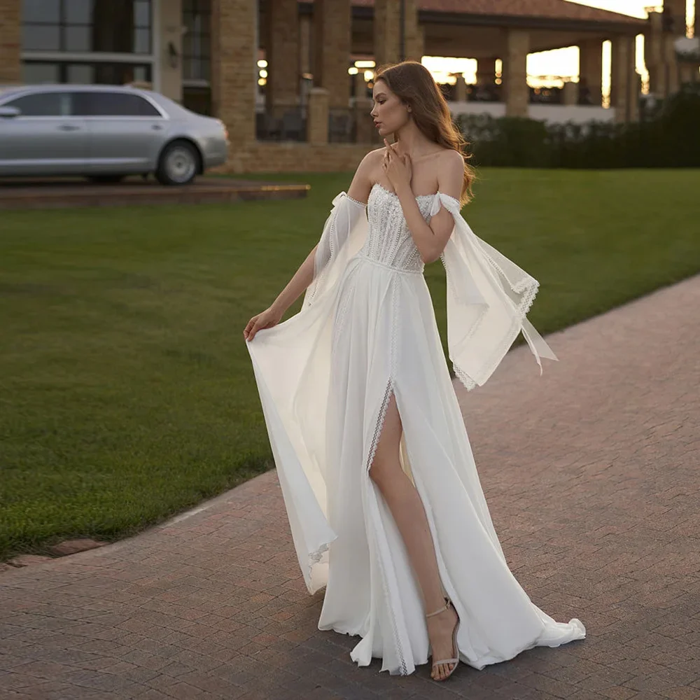 Lace Appliques Wedding Dresses Sequined High Side Slit Detachable Sleeve Bride Gowns Backless Strapless Chiffon Robe de soirée
Lace Appliques Wedding Dresses Sequined High Side Slit Detachable Sleeve Bride Gowns Backless Strapless Chiffon Robe de soirée