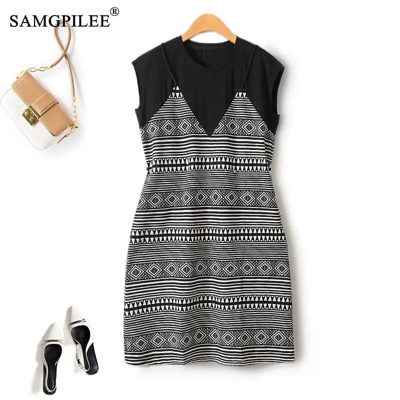2024 New Summer Elegant Dresses For Women Retro Fake Two Piece Contrasting Strap O Neck Short Sleeved Mid Length Party Dress 4XL
2024 New Summer Elegant Dresses For Women Retro Fake Two Piece Contrasting Strap O Neck Short Sleeved Mid Length Party Dress 4XL