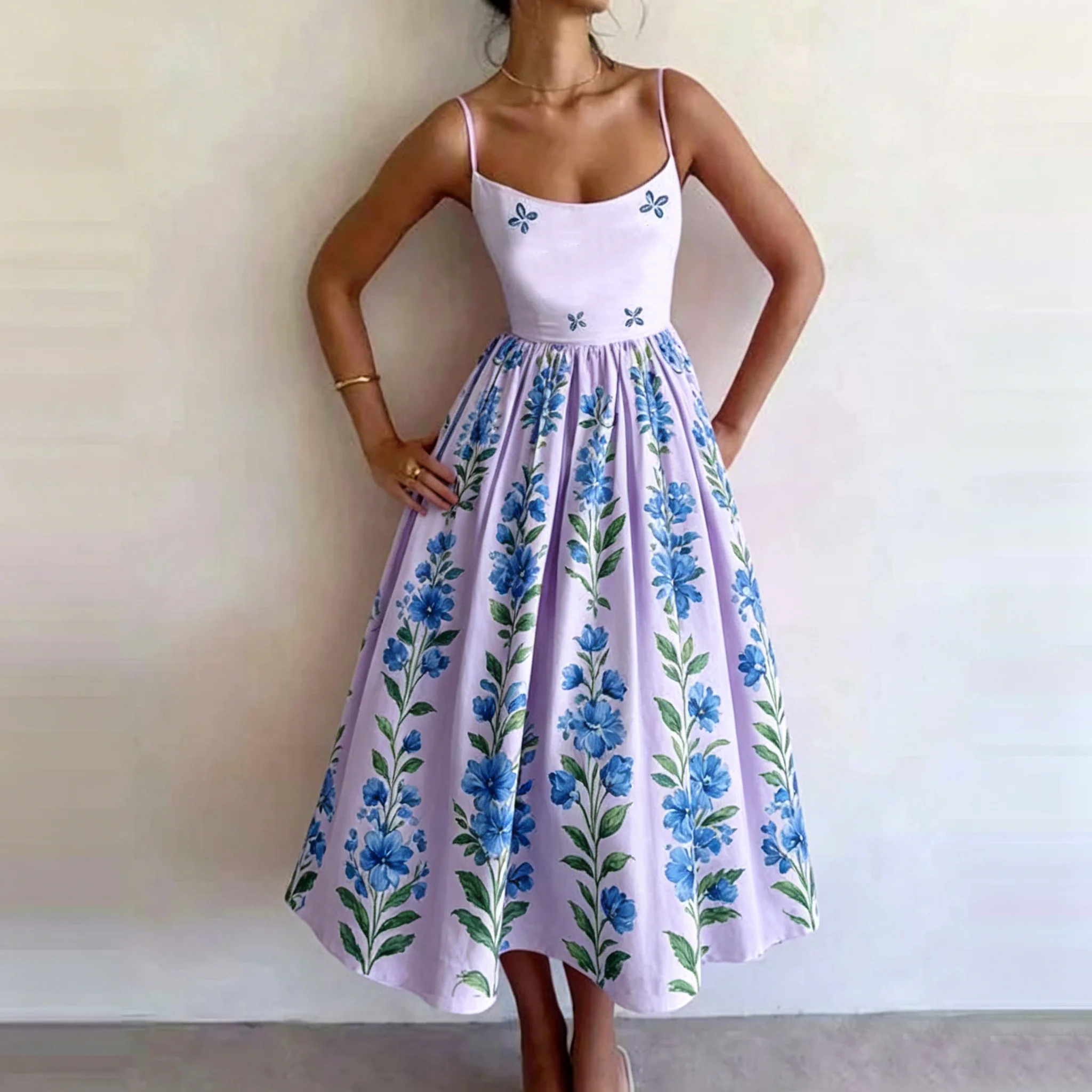 Women's Light Purple Blue Floral Print Spaghetti Strap Midi Dress A-Line High Waist Casual Elegant Daily Street Summer Outfit
Women's Light Purple Blue Floral Print Spaghetti Strap Midi Dress A-Line High Waist Casual Elegant Daily Street Summer Outfit