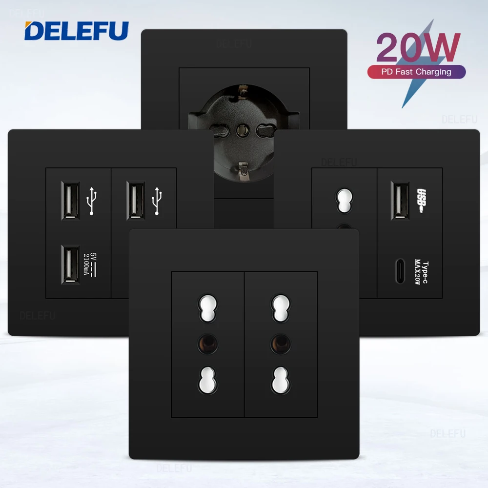 DELEFU86 ПК Черная огнестойкая панель Италия Стандартная настенная розетка USB Тип C Розетка Немецкая итальянская розетка Розетка европейского стандарта
DELEFU86 ПК Черная огнестойкая панель Италия Стандартная настенная розетка USB Тип C Розетка Немецкая итальянская розетка Розетка европейского стандарта