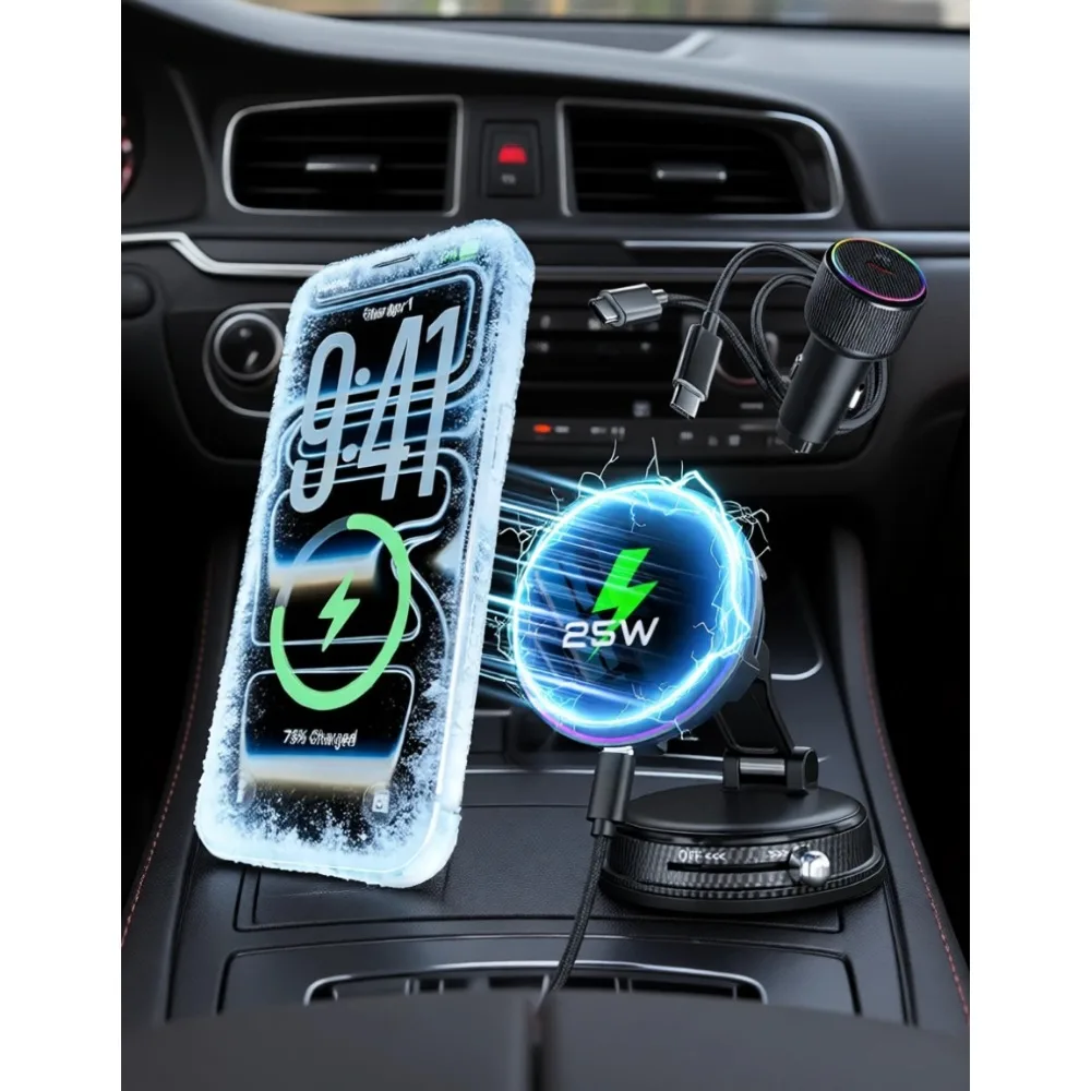 Магнитное беспроводное автомобильное зарядное устройство 25 Вт с RGB-подсветкой, охлаждающим вентилятором, адаптером 45 Вт и креплением на присоске 360° для MagSafe
Магнитное беспроводное автомобильное зарядное устройство 25 Вт с RGB-подсветкой, охлаждающим вентилятором, адаптером 45 Вт и креплением на присоске 360° для MagSafe