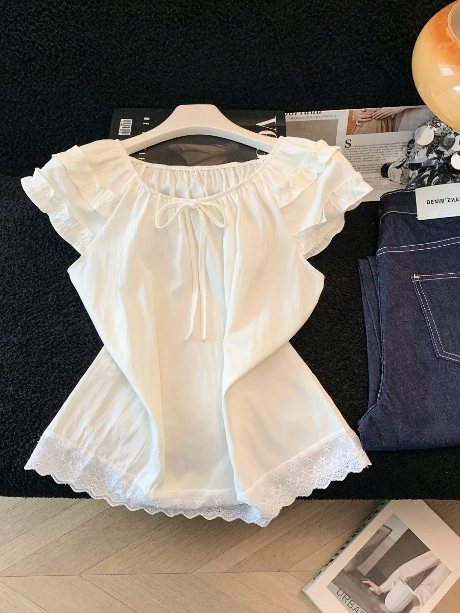 Elegant Embroidered Hollow out Plane Sleeve Shirt Women's Summer Knot Tie Square Collar Short Sleeve Top
Elegant Embroidered Hollow out Plane Sleeve Shirt Women's Summer Knot Tie Square Collar Short Sleeve Top
