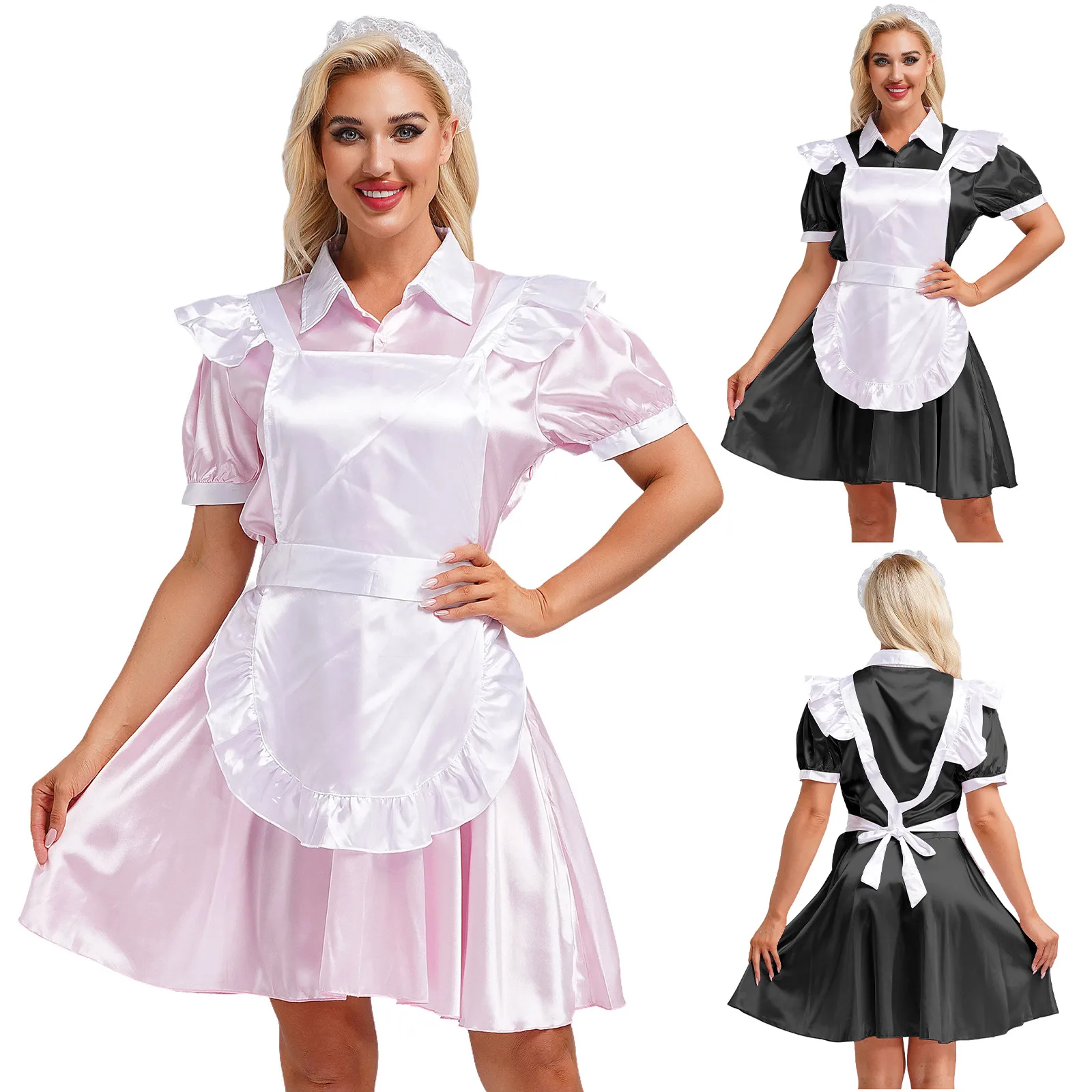 Womens Maid Cosplay Costume Puff Sleeve Satin Dress with Apron Headband French Maid Servant Uniform Role Play Party Club Wear
Womens Maid Cosplay Costume Puff Sleeve Satin Dress with Apron Headband French Maid Servant Uniform Role Play Party Club Wear