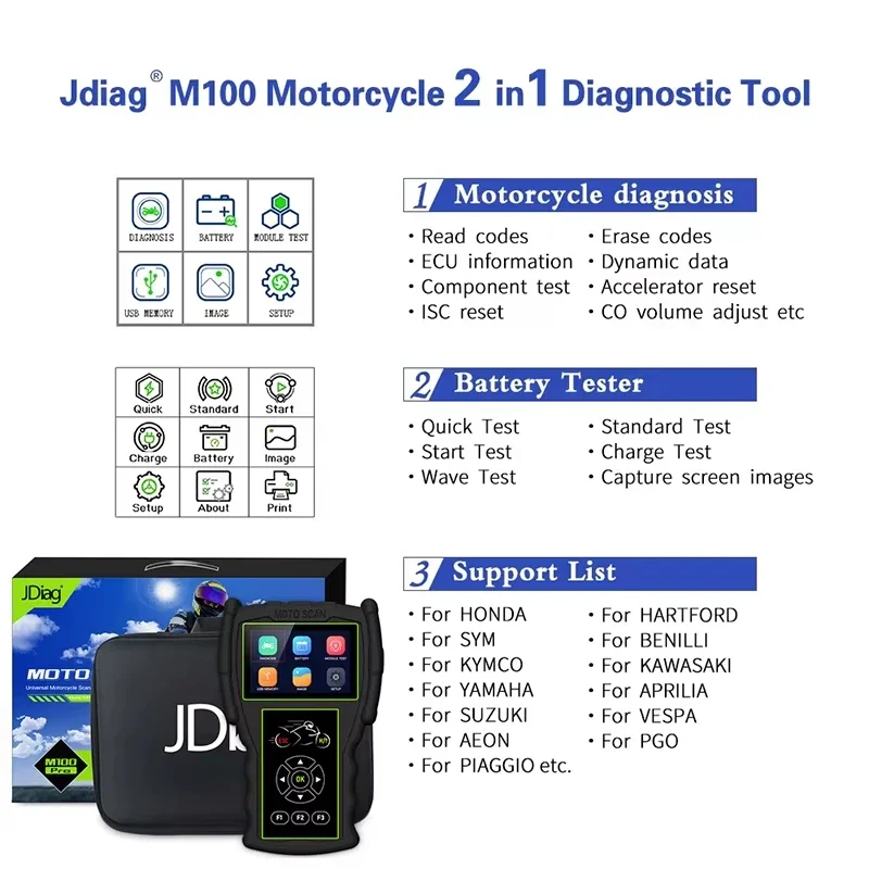JDiag M100 Pro Handheld Motorcycle Diagnostic Scanner Motorbike Code Reader For BMW/Honda/Yamaha/Suzuki/KTM
JDiag M100 Pro Handheld Motorcycle Diagnostic Scanner Motorbike Code Reader For BMW/Honda/Yamaha/Suzuki/KTM