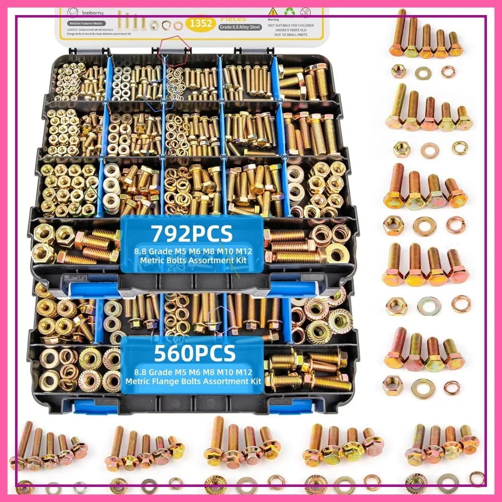 1352 PCS Metric Hexagon & Flange Bolts Set -8.8 Grade, M5-M12 Heavy-Duty Bolts and Nuts, Galvanized Zinc, Double-Sided Box
1352 PCS Metric Hexagon & Flange Bolts Set -8.8 Grade, M5-M12 Heavy-Duty Bolts and Nuts, Galvanized Zinc, Double-Sided Box