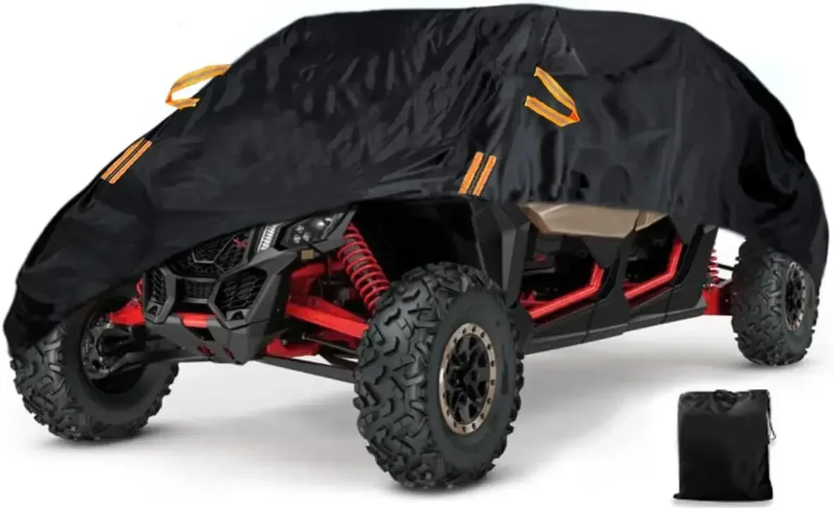 Heavy duty waterproof UTV cover for 4-6 seater side-by-sides, all-weather with wind straps.
Heavy duty waterproof UTV cover for 4-6 seater side-by-sides, all-weather with wind straps.