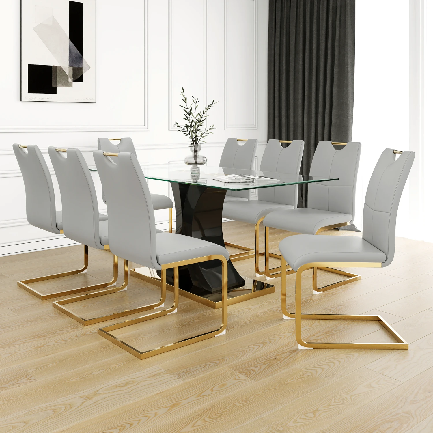 Modern Glass Dining Table Set with Elegant Transparent Design and Solid Support Base - Grey Chair Set with Gold-Plated Legs for
Modern Glass Dining Table Set with Elegant Transparent Design and Solid Support Base - Grey Chair Set with Gold-Plated Legs for