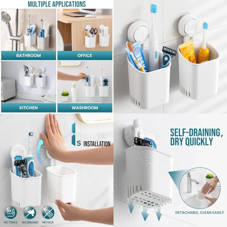 Suction Toothbrush Holder 2 Pack, Tumblers Replacement Shower Toothbrush Holder for Wall, Powerful Toothpaste Toothbrush Suction Cup, Self-draining Shower Razor Holder, Kitchen Tableware Holder