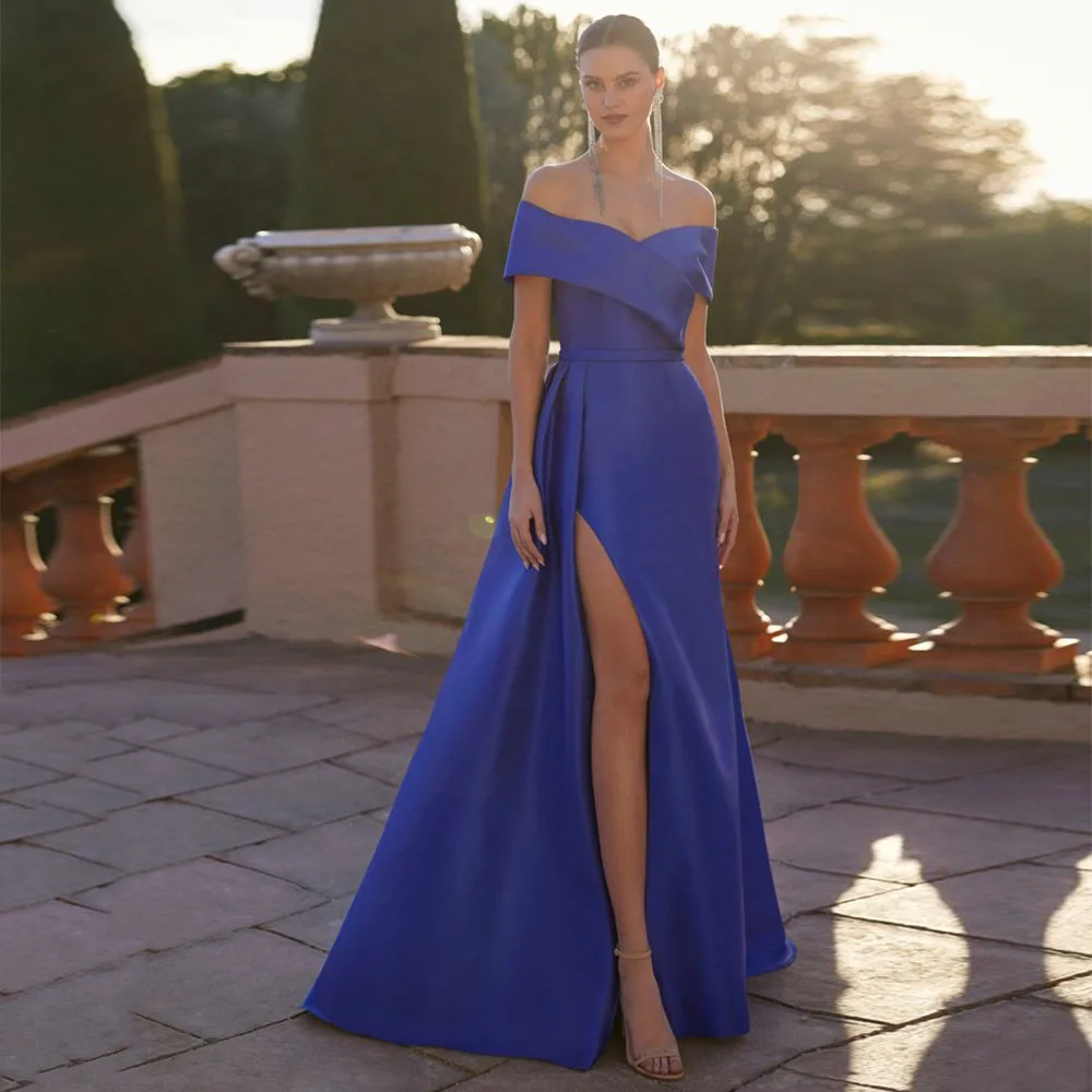 Elegant Wedding Guest Dresses for Women 2025 Off the Shoulder V Neck Formal Party Gowns Long Side Split Draped Satin Prom Dress
Elegant Wedding Guest Dresses for Women 2025 Off the Shoulder V Neck Formal Party Gowns Long Side Split Draped Satin Prom Dress