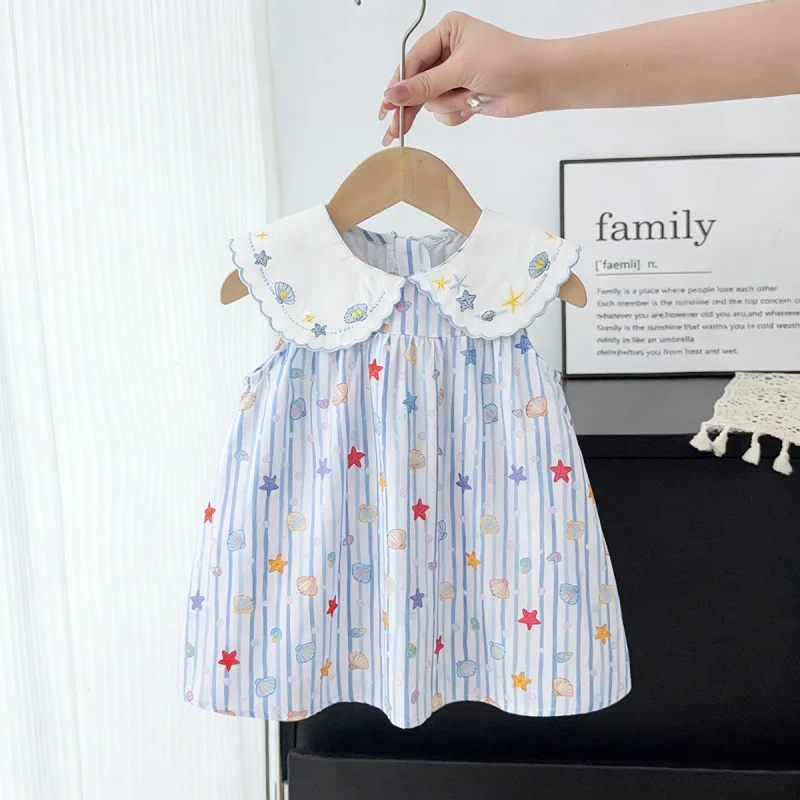 Summer style starfish and shell print girls' dress, sweet and breathable sleeveless princess dress, baby's thin dress with a tur
Summer style starfish and shell print girls' dress, sweet and breathable sleeveless princess dress, baby's thin dress with a tur