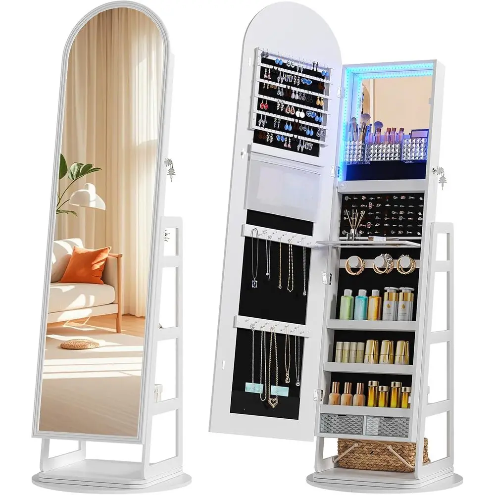 Арочный зеркальный шкаф для ювелирных изделий с местом для хранения вещей, светодиодный шкаф для ювелирных изделий с зеркалом полной длины и 360° ° Поворотный, стоячий держатель для украшений Orga
Арочный зеркальный шкаф для ювелирных изделий с местом для хранения вещей, светодиодный шкаф для ювелирных изделий с зеркалом полной длины и 360° ° Поворотный, стоячий держатель для украшений Orga