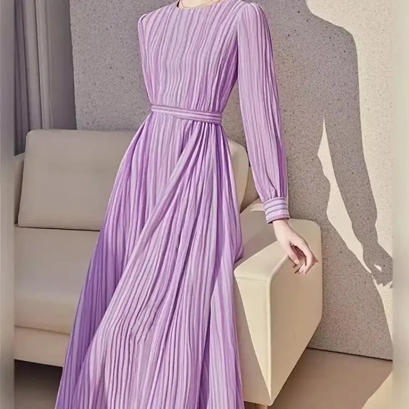 Elegant Purple Striped Floor Length Dress With Pleated Design And Long Sleeves For Women
Elegant Purple Striped Floor Length Dress With Pleated Design And Long Sleeves For Women