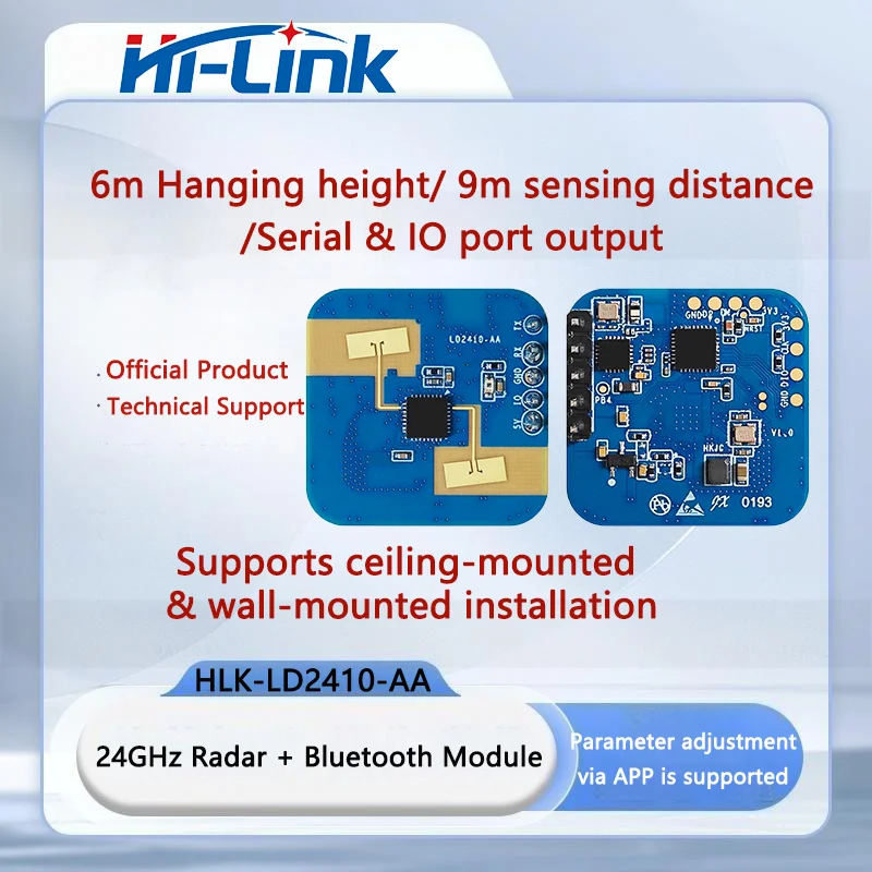 HLK-LD2410-AA HLK-LD2410-AA Module Kit, 24G BLE Human Presence Radar Sensor, 9m Detection Range, Max 6m Hanging Mount Height
HLK-LD2410-AA HLK-LD2410-AA Module Kit, 24G BLE Human Presence Radar Sensor, 9m Detection Range, Max 6m Hanging Mount Height