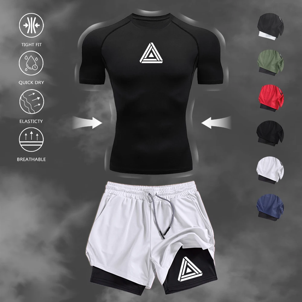 2PCS Men's Fitness Tracksuit Set Compression Quick Dry Short Sleeve Tee with Double Layer Gym Shorts Geometric Triangle Print
2PCS Men's Fitness Tracksuit Set Compression Quick Dry Short Sleeve Tee with Double Layer Gym Shorts Geometric Triangle Print
