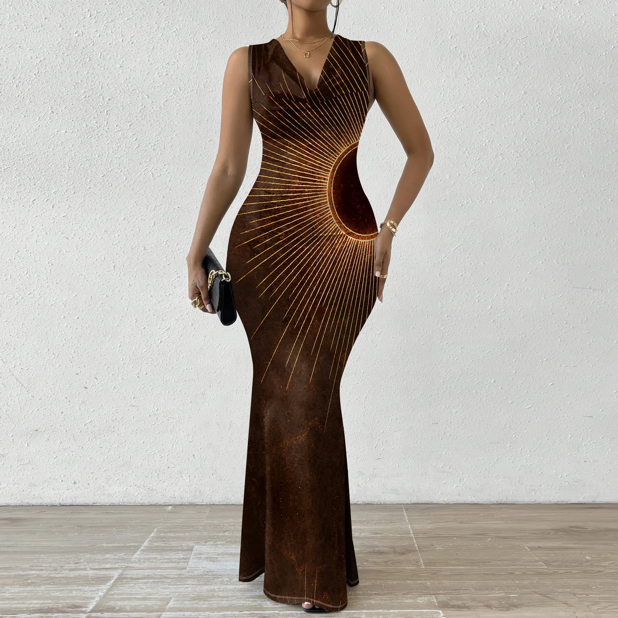 Brown Eclipse Print Maxi Dress XS-2XL Abstract Cosmic Style Sleeveless V-Neck Gown for Party or Sunset Art Events
Brown Eclipse Print Maxi Dress XS-2XL Abstract Cosmic Style Sleeveless V-Neck Gown for Party or Sunset Art Events