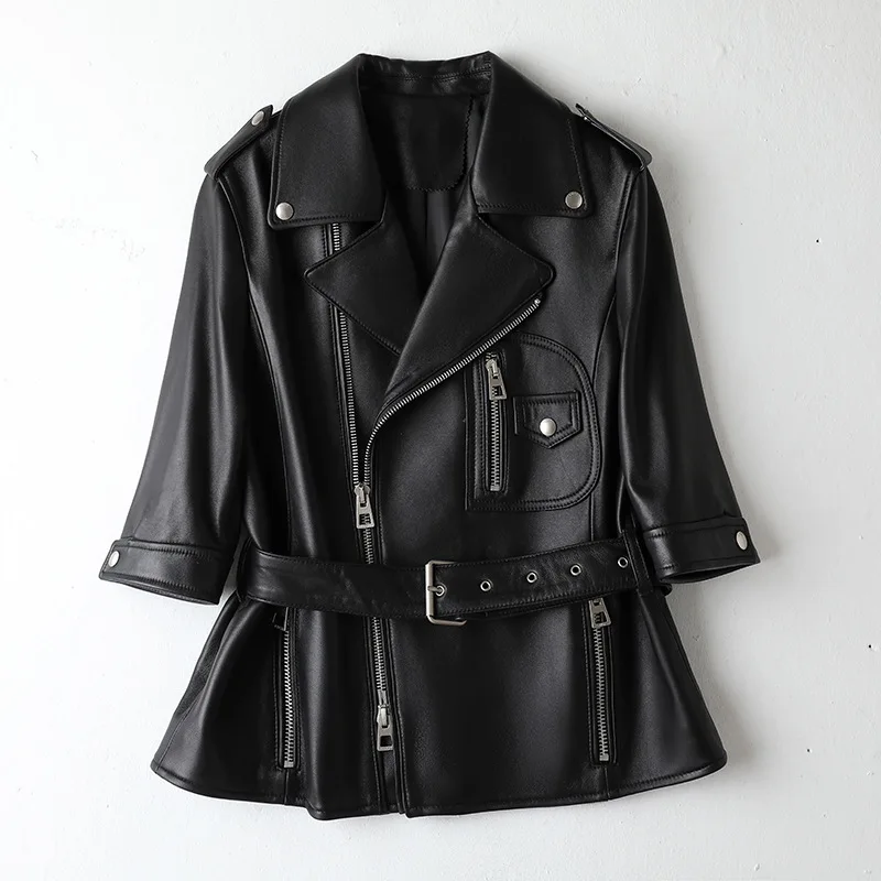 Genuine leather jacket new flip over mid sleeved motorcycle style pull-up jacket, belt short sheepskin jacket for women
Genuine leather jacket new flip over mid sleeved motorcycle style pull-up jacket, belt short sheepskin jacket for women