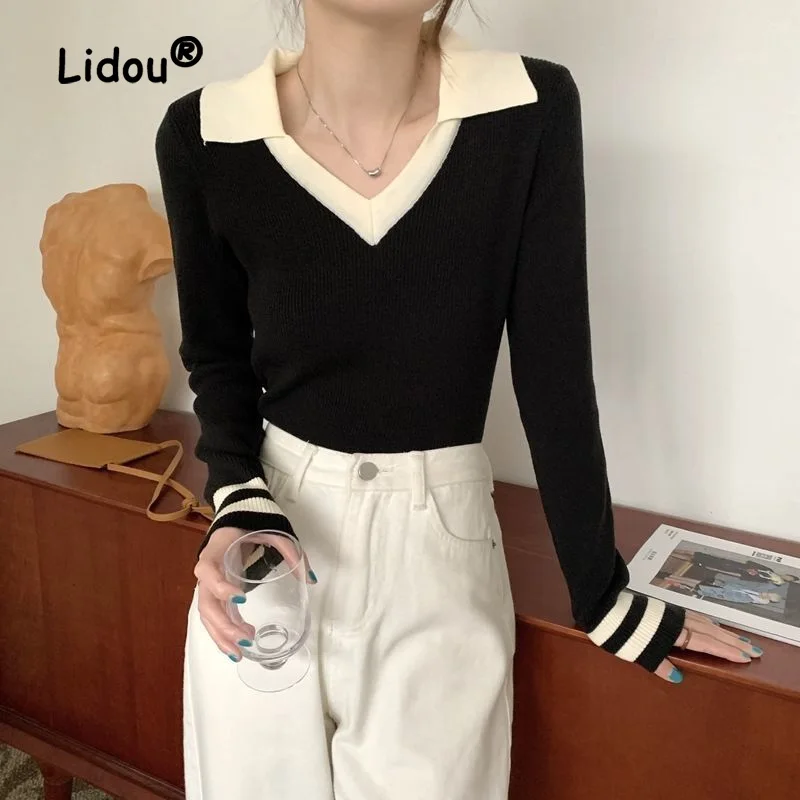 Simplicity Color Contrast Office V-neck Knitting Shirt Women New Long Sleeve Classic Polo Collar Korean All-match Sweaters 2022
Simplicity Color Contrast Office V-neck Knitting Shirt Women New Long Sleeve Classic Polo Collar Korean All-match Sweaters 2022
