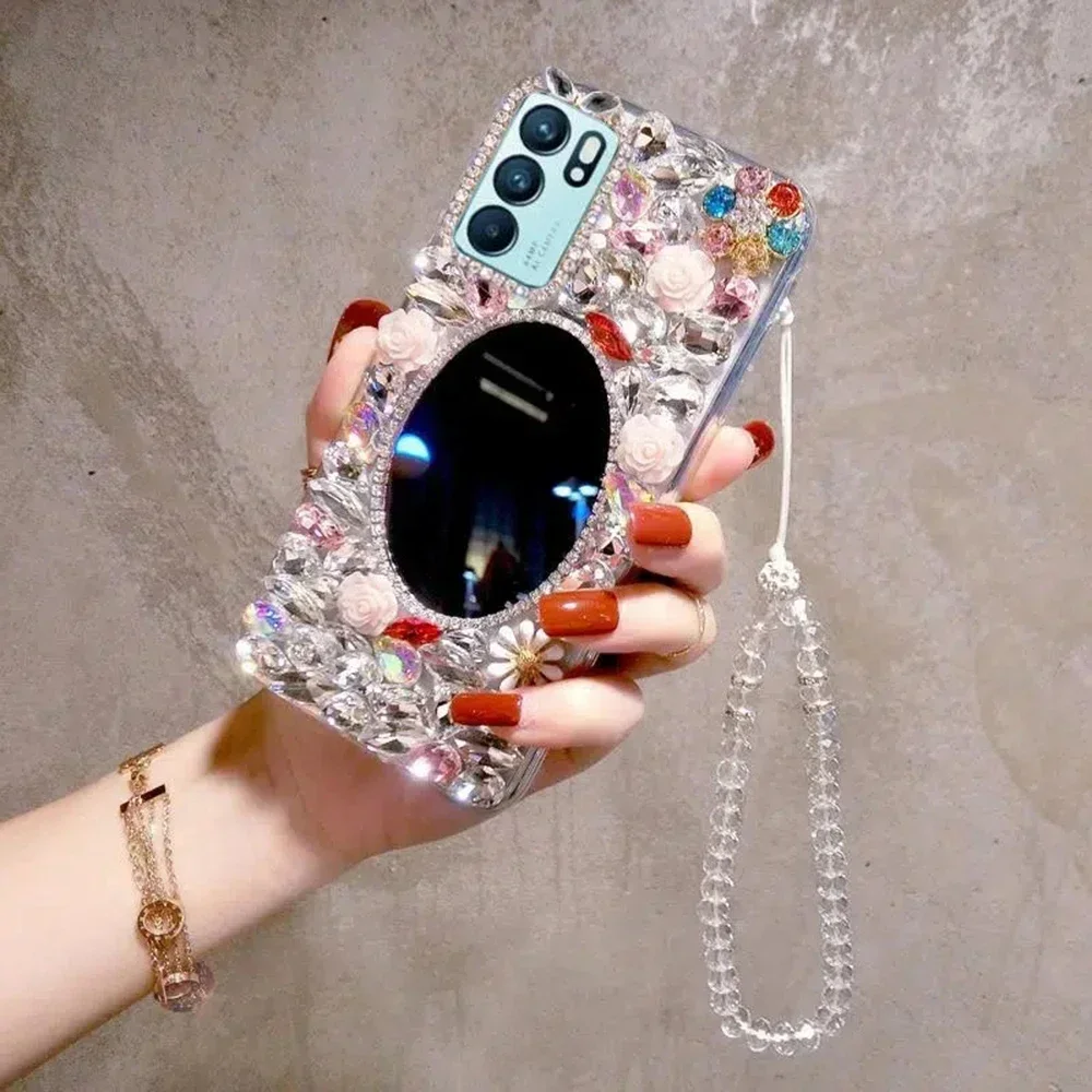 Elegance Flower Diamond Oval Mirror Case for iPhone 15, 14, 13, 12, 16 Pro, Stereoscopic Rhinestone Bumper Cover with Hand Chain
Elegance Flower Diamond Oval Mirror Case for iPhone 15, 14, 13, 12, 16 Pro, Stereoscopic Rhinestone Bumper Cover with Hand Chain