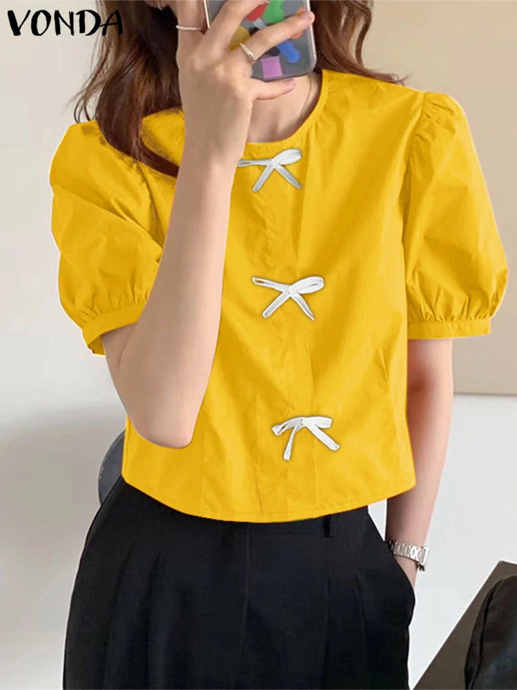 Women Shirts Casual Loose Bow Tops 2025 VONDA Blouse Female Office Puff Short Sleeve Tunic Solid Color Blusas Oversized
Women Shirts Casual Loose Bow Tops 2025 VONDA Blouse Female Office Puff Short Sleeve Tunic Solid Color Blusas Oversized