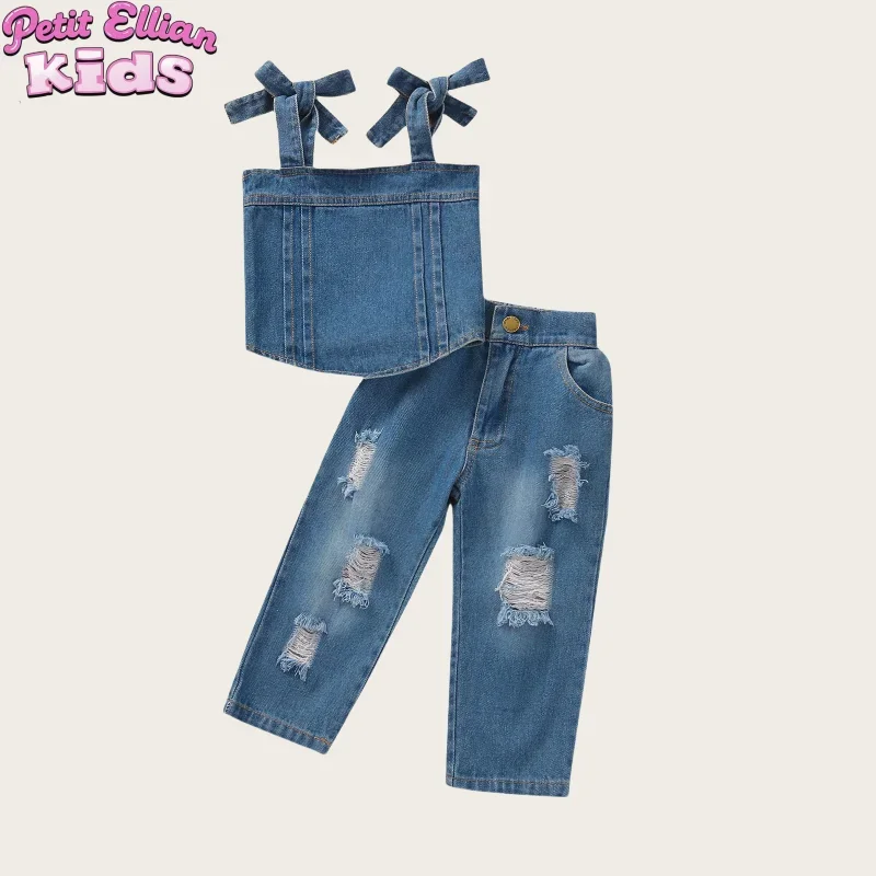 1 - 5 Y Kids Girls Cotton Denim Spaghetti Straps Top and Ripped Jeans Set for Adorable and Trendy Girls Kids' Outfit
1 - 5 Y Kids Girls Cotton Denim Spaghetti Straps Top and Ripped Jeans Set for Adorable and Trendy Girls Kids' Outfit
