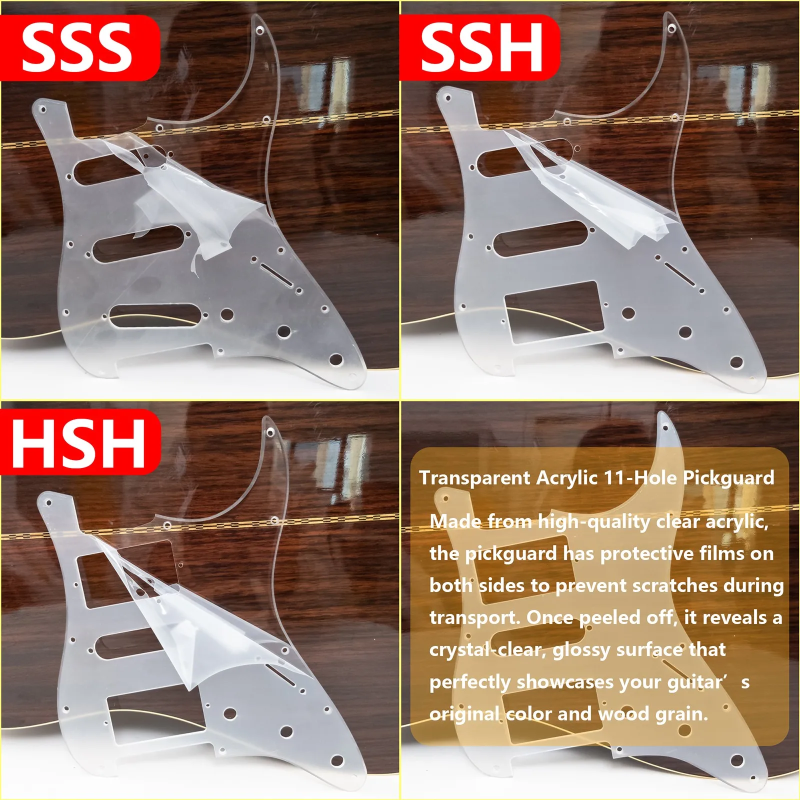 Transparent Acrylic 11 Hole Guitar Pickguard for ST Style Electric Guitar, Compatible with SSH HSH SSS Pickup Layouts
Transparent Acrylic 11 Hole Guitar Pickguard for ST Style Electric Guitar, Compatible with SSH HSH SSS Pickup Layouts