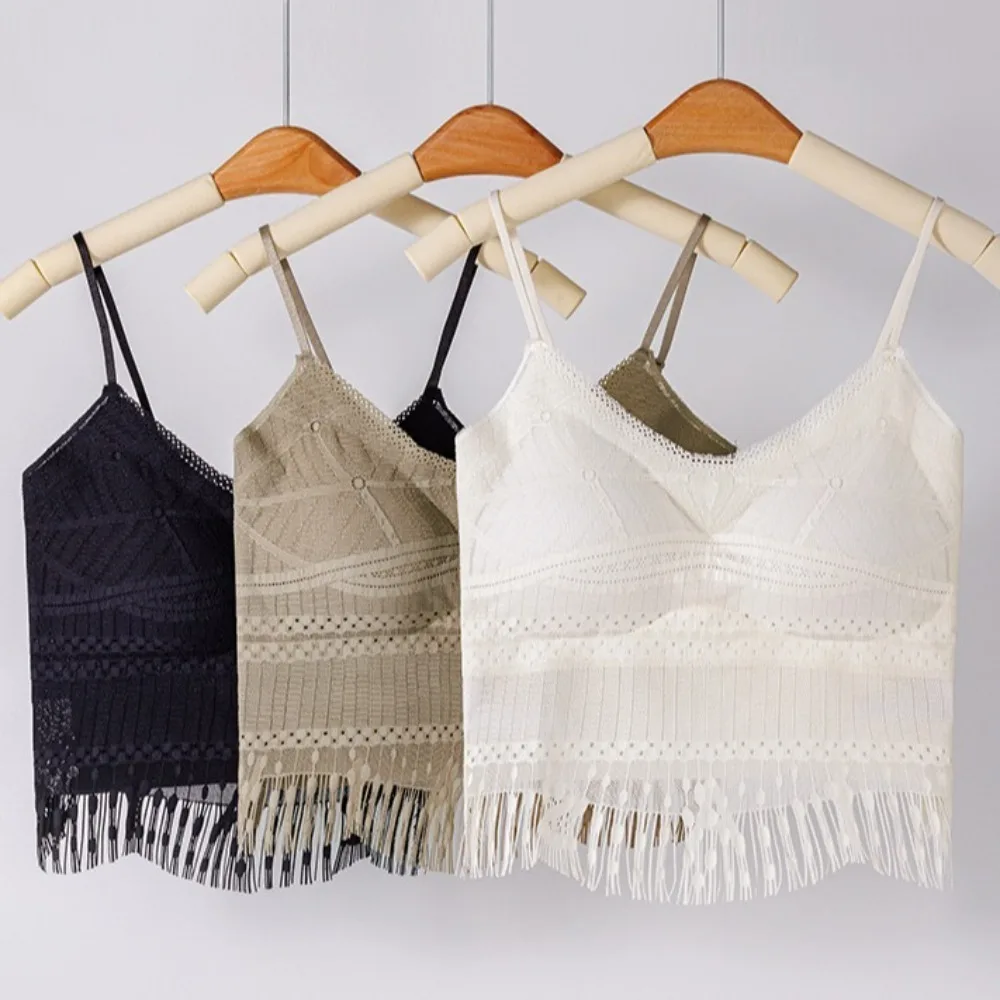 With Chest Cushion Ice Silk Camisole Non Trace Tassel Lace Crop Tops Solid Color Tanks Tassel Lace Corset Spring Summer
With Chest Cushion Ice Silk Camisole Non Trace Tassel Lace Crop Tops Solid Color Tanks Tassel Lace Corset Spring Summer