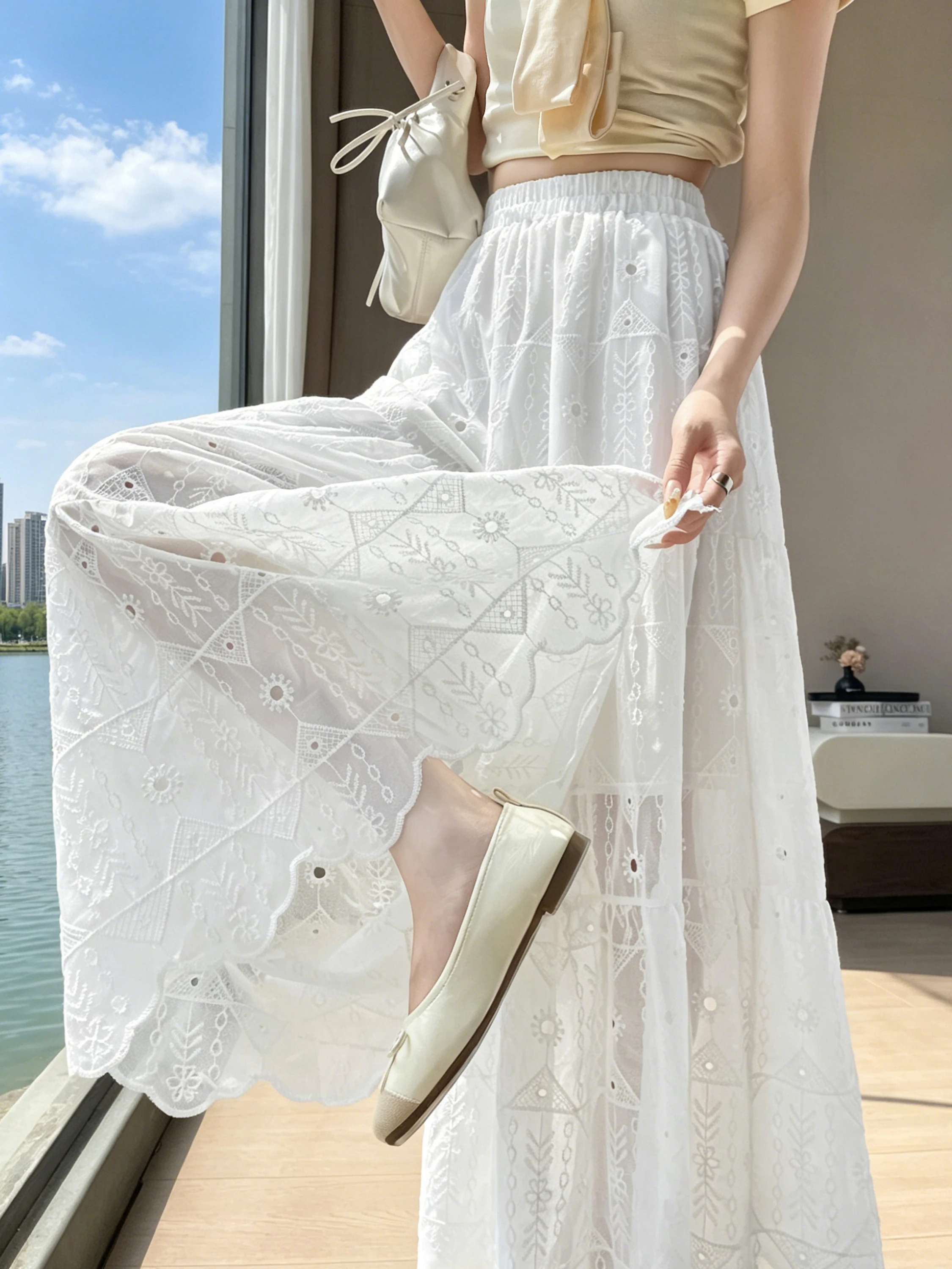White Lace Embroidery Ice Silk Wide Leg Pants Women Summer Thin Loose Floor-Length Casual Trousers Long Skirt High Waist Elastic
White Lace Embroidery Ice Silk Wide Leg Pants Women Summer Thin Loose Floor-Length Casual Trousers Long Skirt High Waist Elastic