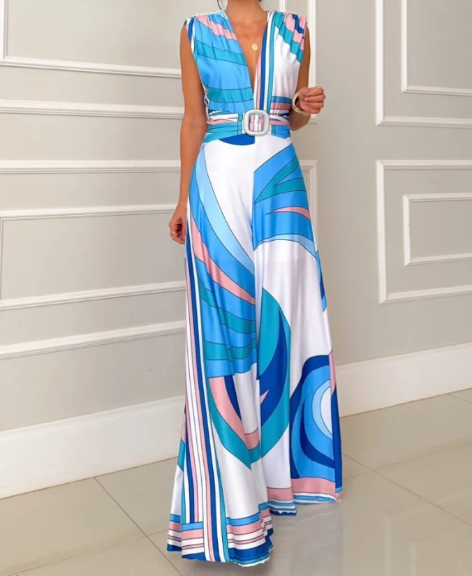 Color blocked print deep V-neck sleeveless shoulder jumpsuit casual backless lace up detail jumpsuit waist belt
Color blocked print deep V-neck sleeveless shoulder jumpsuit casual backless lace up detail jumpsuit waist belt