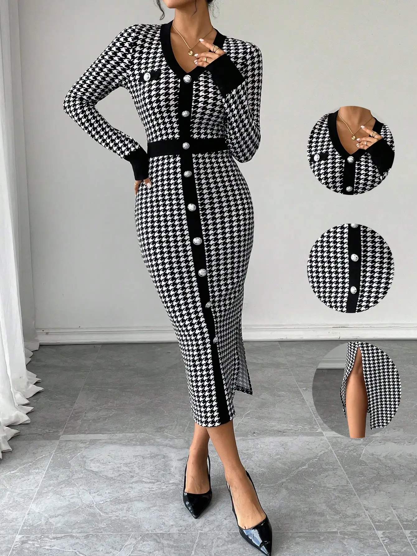 Elegant long-sleeved waist patchwork button black and white autumn and winter dress
Elegant long-sleeved waist patchwork button black and white autumn and winter dress