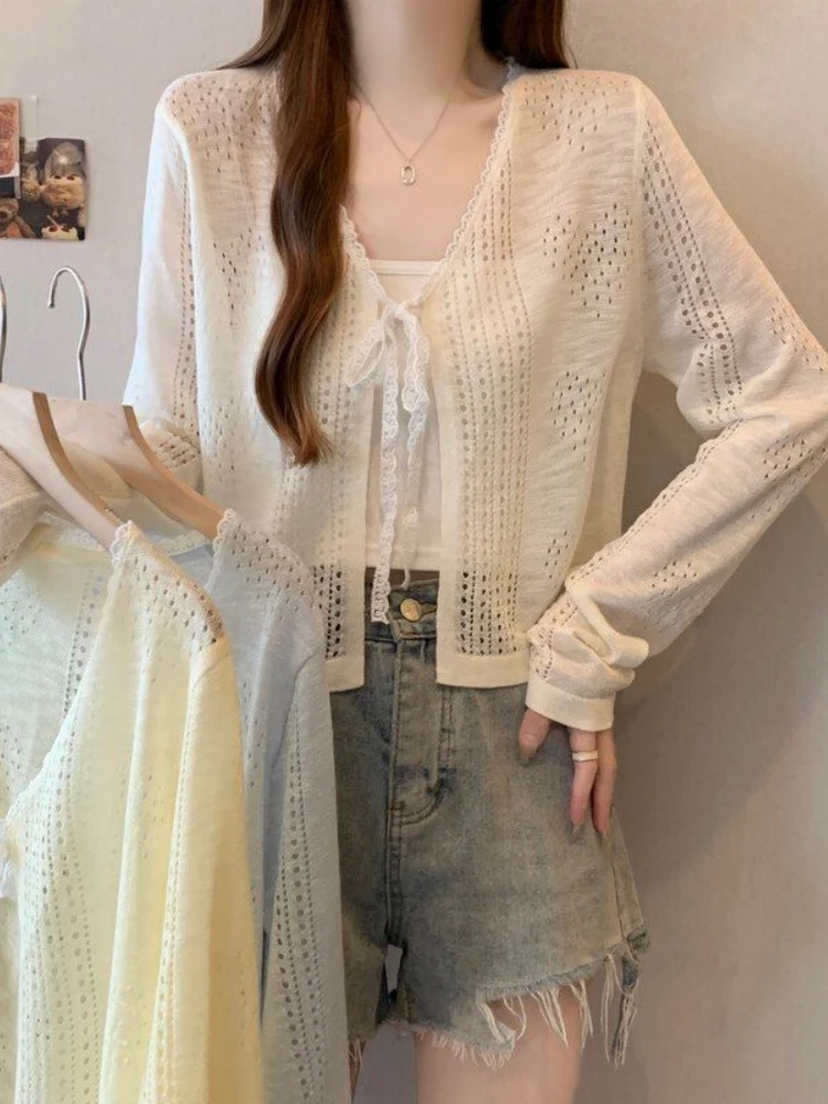 Fashionable Lace Knitted Slim Fit Open Cardigan Spring Summer New Style Polyester Fiber Women's Regular Sleeve Long V-neck Top
Fashionable Lace Knitted Slim Fit Open Cardigan Spring Summer New Style Polyester Fiber Women's Regular Sleeve Long V-neck Top