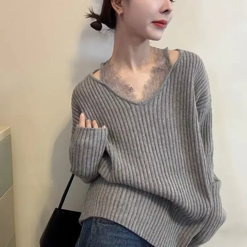 V Neck Knit Sweater With Lace Insert Loose Fit Long Sleeve Pullover For Women Spring Autumn Casual Office Wear
V Neck Knit Sweater With Lace Insert Loose Fit Long Sleeve Pullover For Women Spring Autumn Casual Office Wear