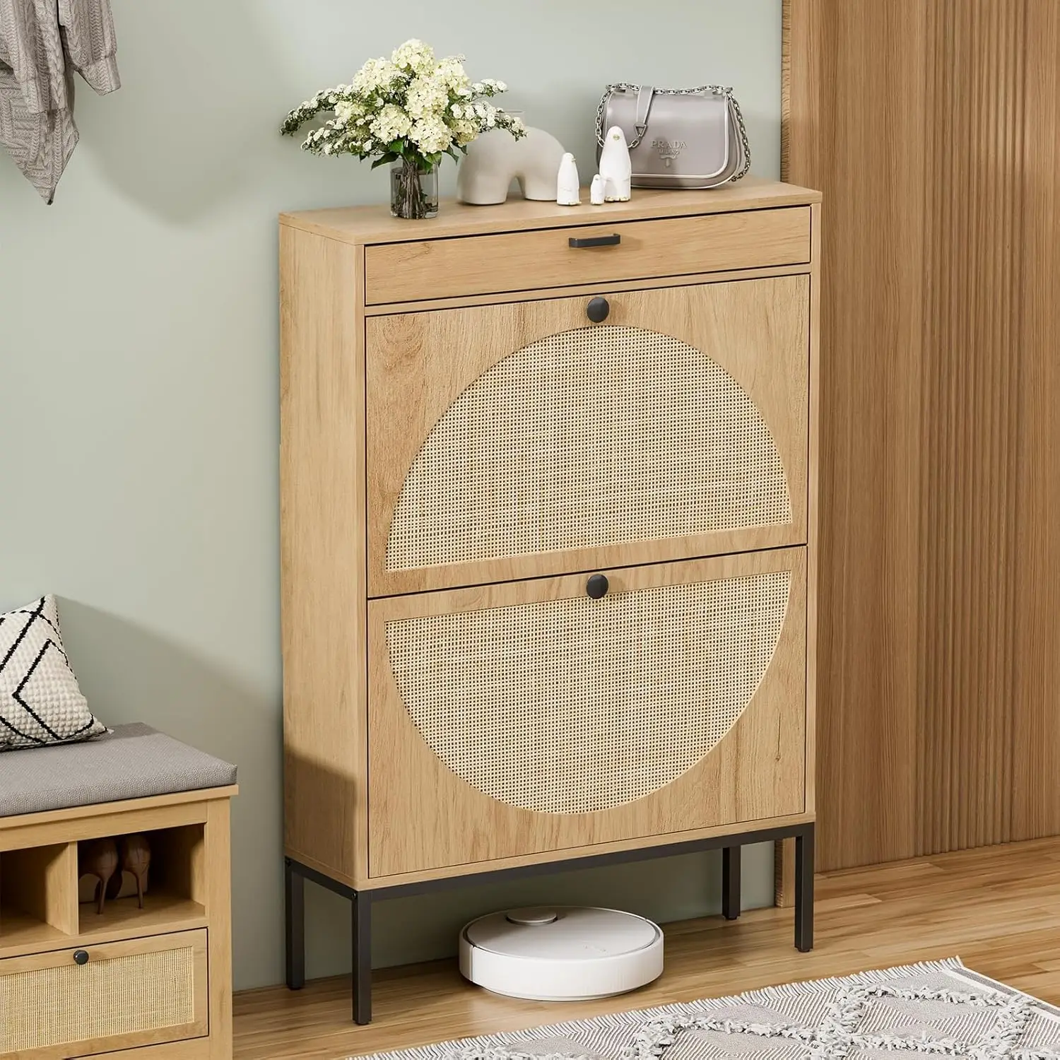 Shoe Rack Storage Organizer with 2 Natural Semi-Circular Rattan Doors, Large Entryway Wooden Shoe Cabinet for Sneakers,
Shoe Rack Storage Organizer with 2 Natural Semi-Circular Rattan Doors, Large Entryway Wooden Shoe Cabinet for Sneakers,