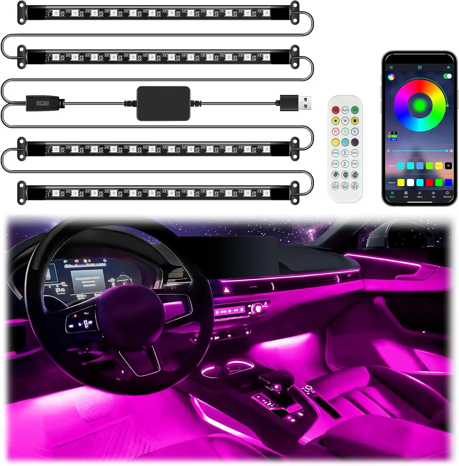 RGB Car Interior Lights with App & Remote, DIY & Music Mode, 2-Line Design, USB Powered, 4 Strips 48 LEDs
RGB Car Interior Lights with App & Remote, DIY & Music Mode, 2-Line Design, USB Powered, 4 Strips 48 LEDs