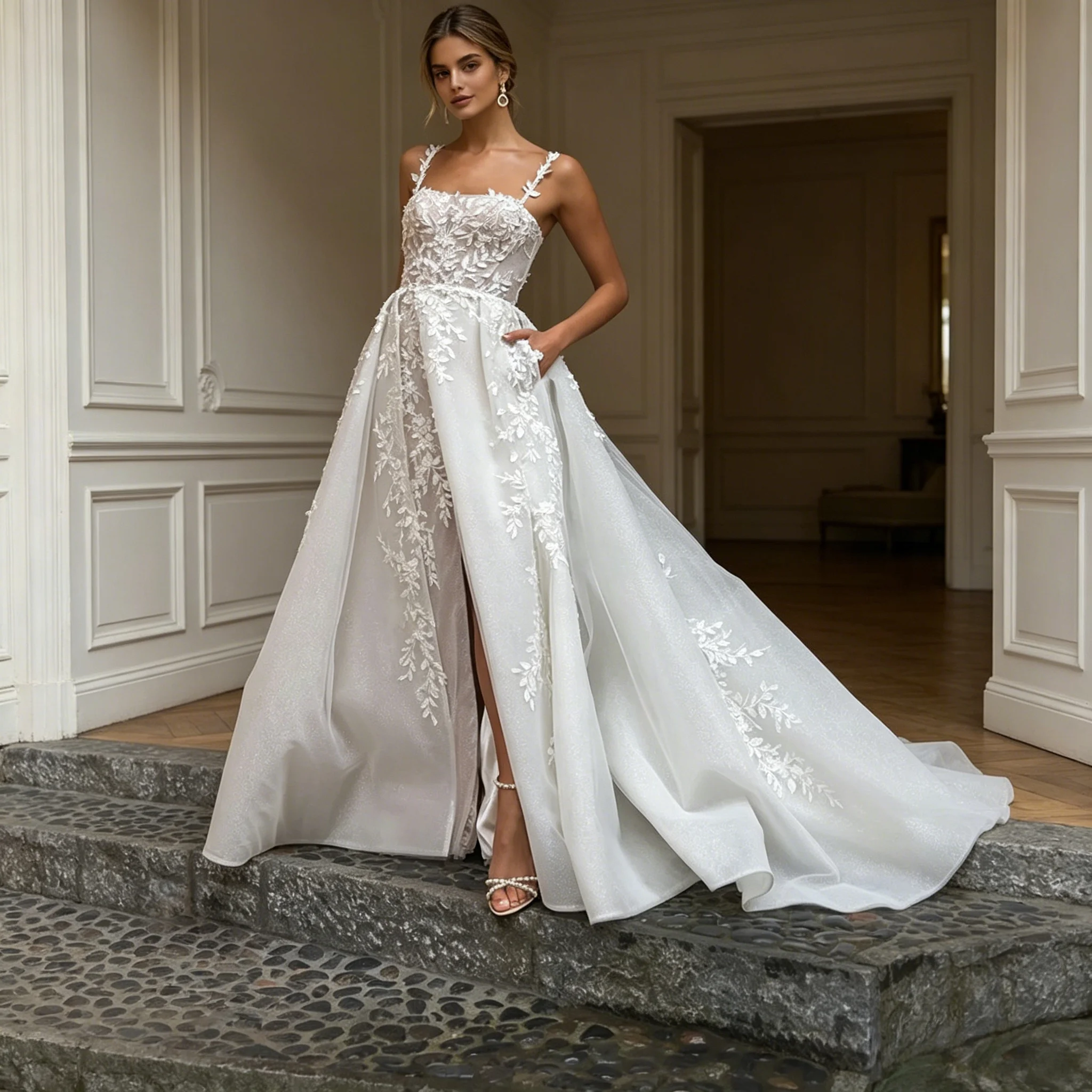 Shimmer Glitter Tulle Wedding Gown Straight Square Neck 3D Vine Lace Open Back High Split A Line Cathedral Train Customizable
Shimmer Glitter Tulle Wedding Gown Straight Square Neck 3D Vine Lace Open Back High Split A Line Cathedral Train Customizable