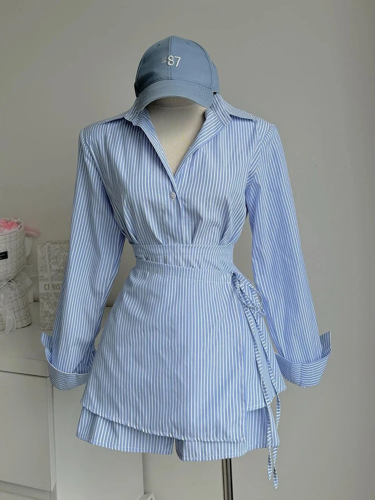 Slim Fit Stripe irt Женский летний шикарный ретро отложной воротник Длинный свек Цельный пояс на одной пуговице Комплект из двух предметов 
Slim Fit Stripe irt Женский летний шикарный ретро отложной воротник Длинный свек Цельный пояс на одной пуговице Комплект из двух предметов