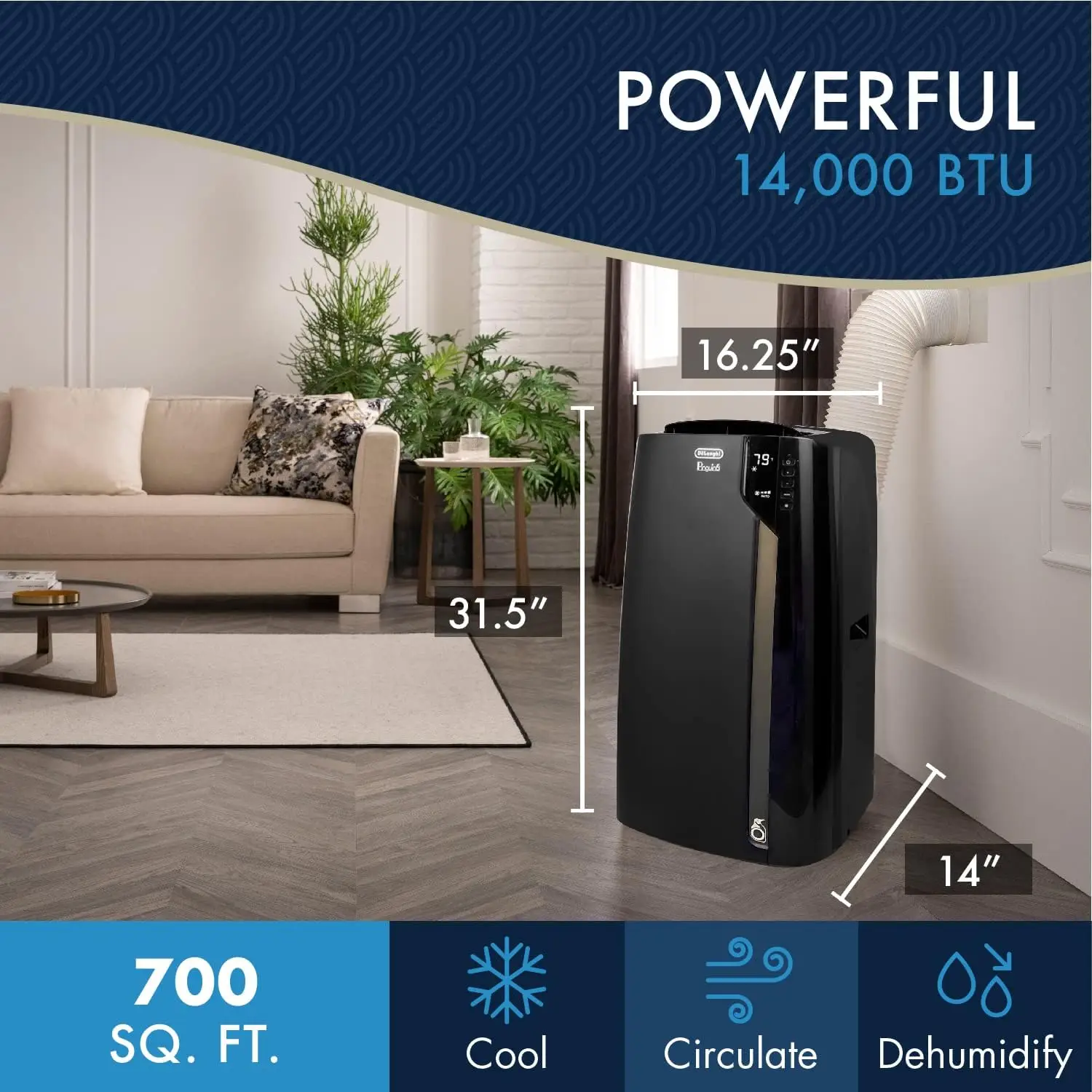 Черный портативный воздухоохладитель De'Longhi с дистанционным управлением и осушителем
Черный портативный воздухоохладитель De'Longhi с дистанционным управлением и осушителем
