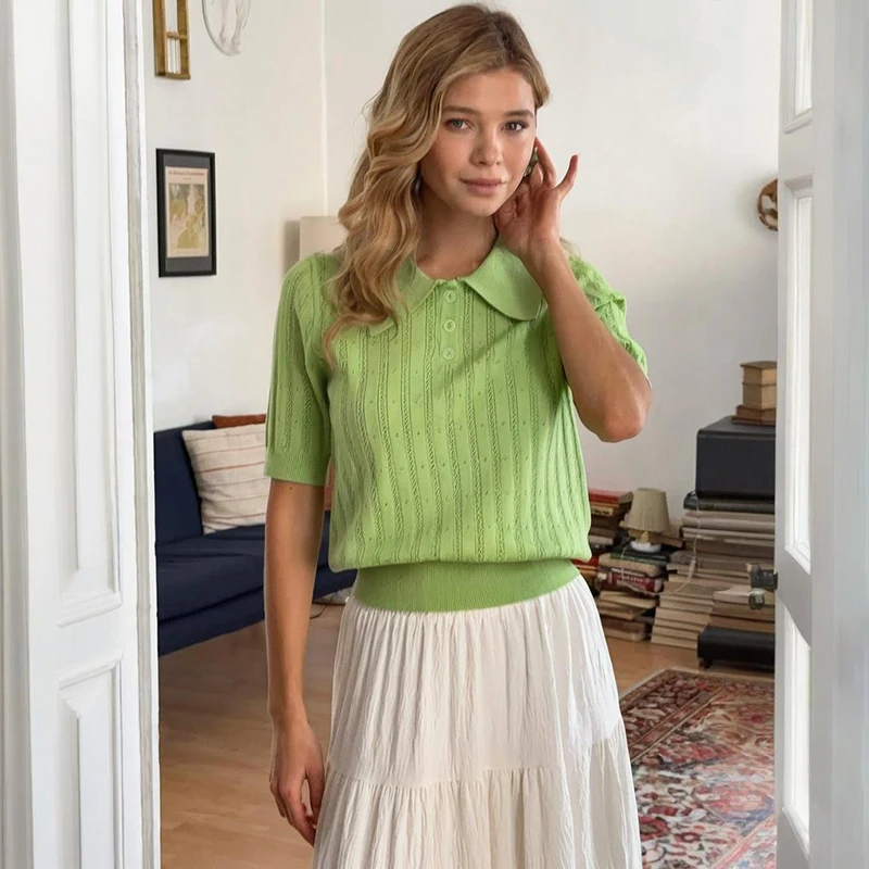 Tornova Hollow Short Sleeve Knitted T Shirt For Women Lapel Casual Solid Top Pullover 2025 New Summer Fashion Female T shirt
Tornova Hollow Short Sleeve Knitted T Shirt For Women Lapel Casual Solid Top Pullover 2025 New Summer Fashion Female T shirt