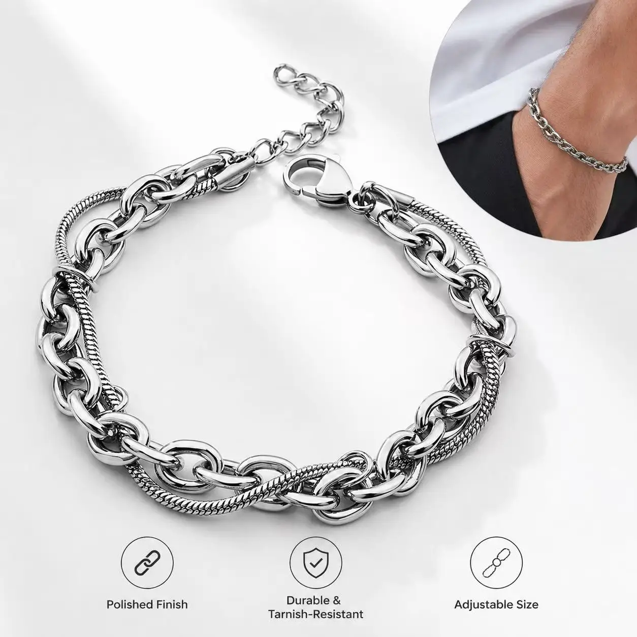 stainless steel,Punk Style Silver Chain Bracelet Men Women Double Layer Twisted Rope Bracelet Street Jewelry
stainless steel,Punk Style Silver Chain Bracelet Men Women Double Layer Twisted Rope Bracelet Street Jewelry