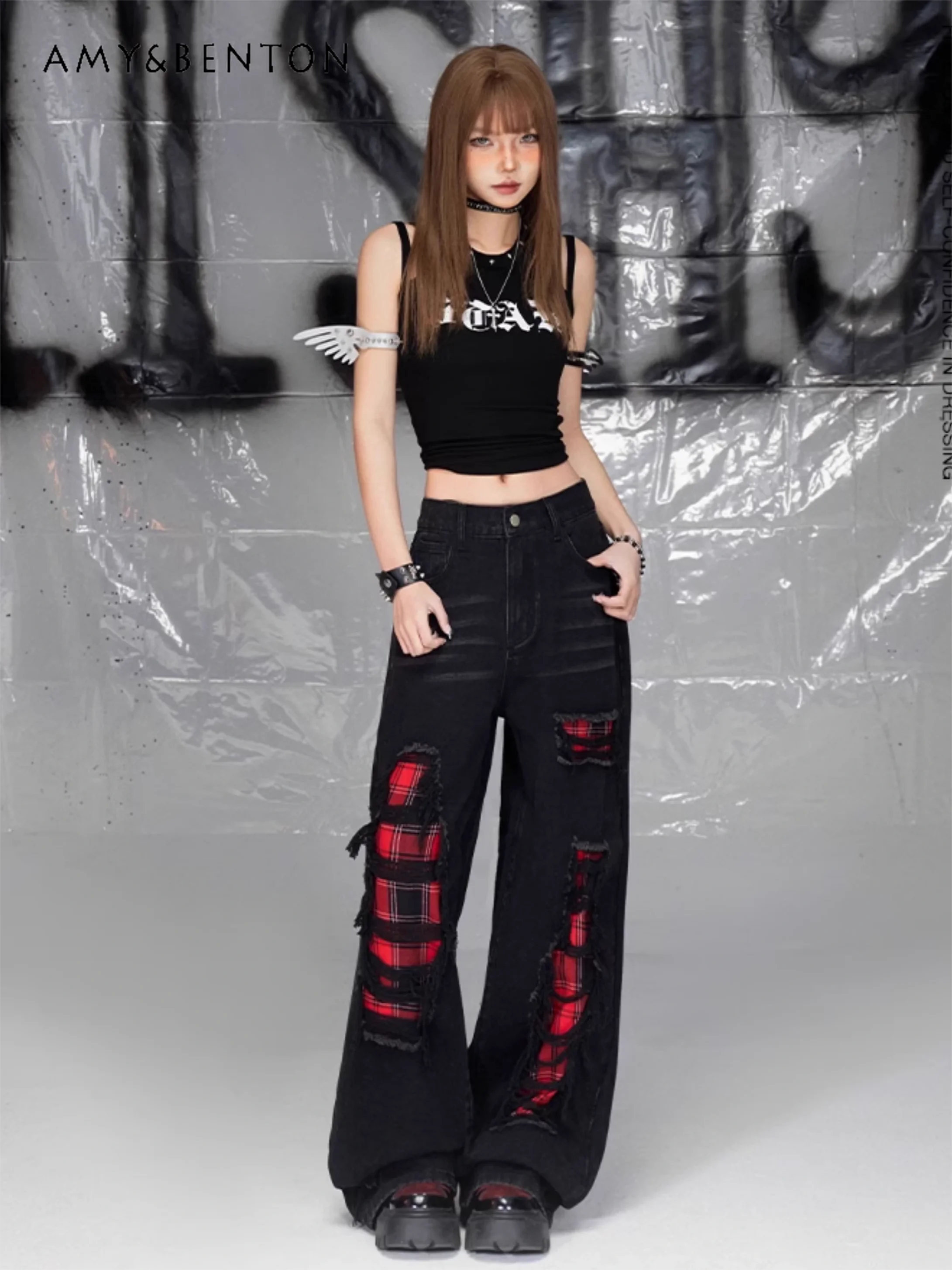 Subculture Ripped Splicing Plaid Loose Wide Leg Pants Street Spice Girl High Waisted Jeans Gothic Baggy Jeans Women Spring New
Subculture Ripped Splicing Plaid Loose Wide Leg Pants Street Spice Girl High Waisted Jeans Gothic Baggy Jeans Women Spring New