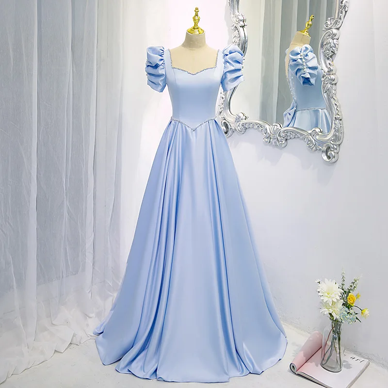 Sky Blue Satin Evening Dress A-Line Square Collar Puff Sleeve Bow Beaded Pearls Backless Floor-Length Girl Prom Party Gowns New
Sky Blue Satin Evening Dress A-Line Square Collar Puff Sleeve Bow Beaded Pearls Backless Floor-Length Girl Prom Party Gowns New