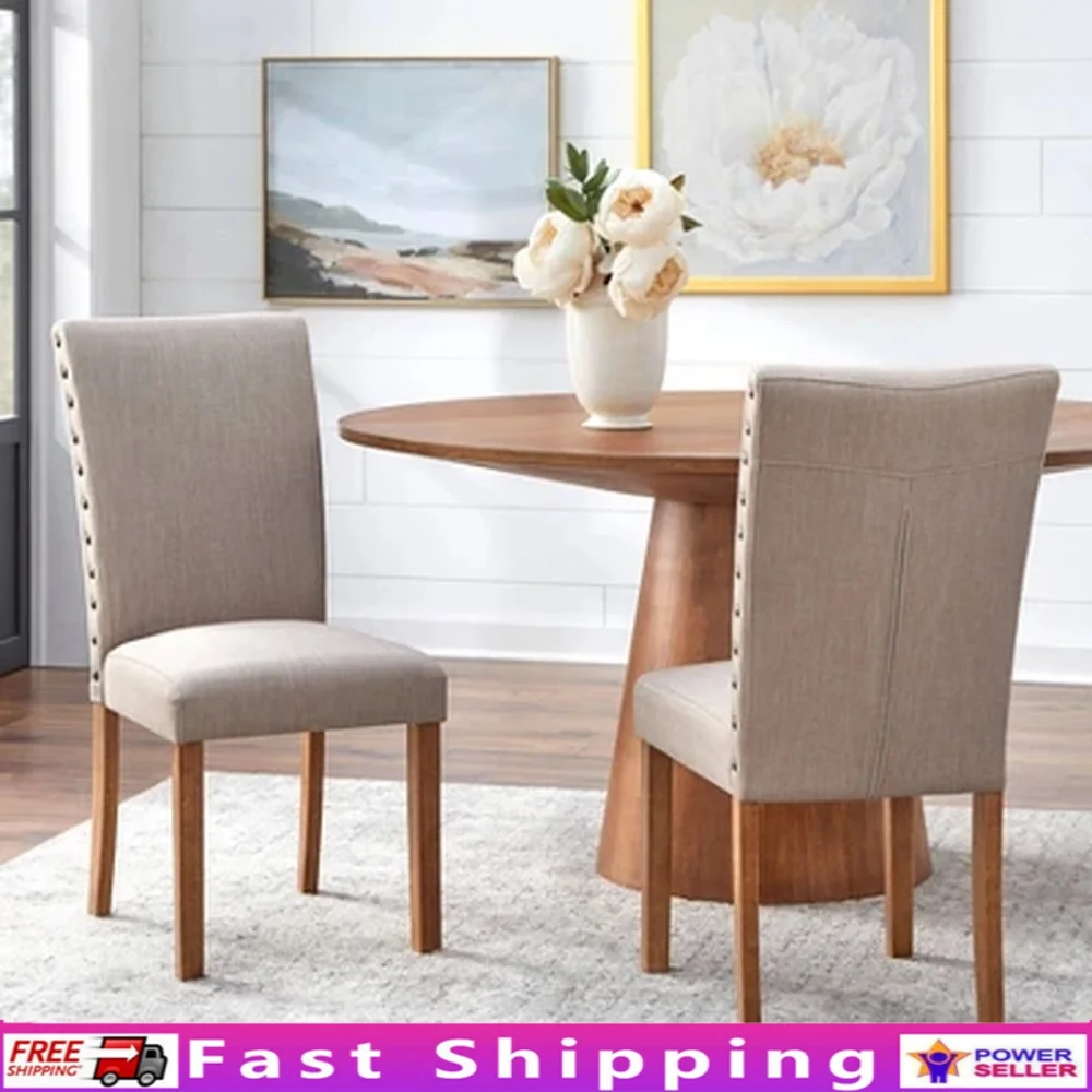 Набор из 2-х обеденных стульев с высокой спинкой, бежевая льняная обивка, ножки из каучукового дерева, отделка гвоздями, переходный стиль, удобные сиденья 
Набор из 2-х обеденных стульев с высокой спинкой, бежевая льняная обивка, ножки из каучукового дерева, отделка гвоздями, переходный стиль, удобные сиденья