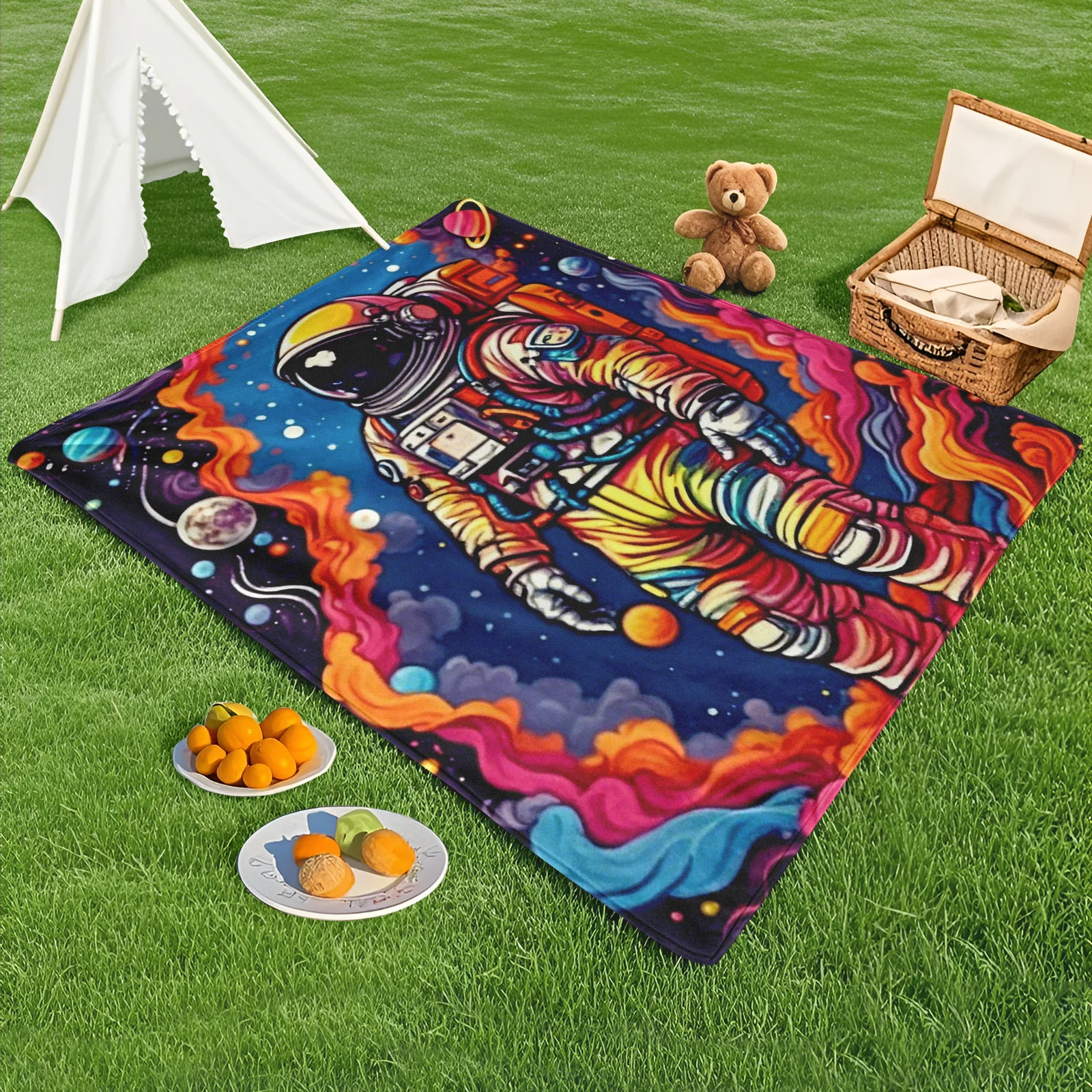 Colorful Astronaut In Space Design Outdoor Blanket For Camping And Cosmic Themed Decorative Use
Colorful Astronaut In Space Design Outdoor Blanket For Camping And Cosmic Themed Decorative Use