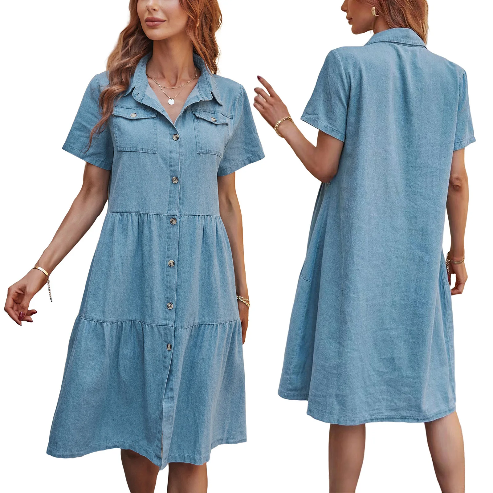 Women Denim Dress Jeans Blue Y2k Mid Length Dresses Single Breasted Short Sleeve Elegant Splice Loose A Line Vestidos Summer
Women Denim Dress Jeans Blue Y2k Mid Length Dresses Single Breasted Short Sleeve Elegant Splice Loose A Line Vestidos Summer