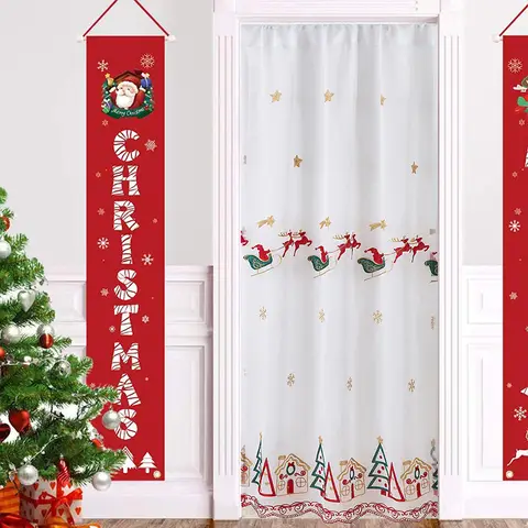 Christmas Embroidered Door Curtain Reindeer Snowflake White Sheer Panel for Bedroom Living Room Holiday Decor 100x200cm