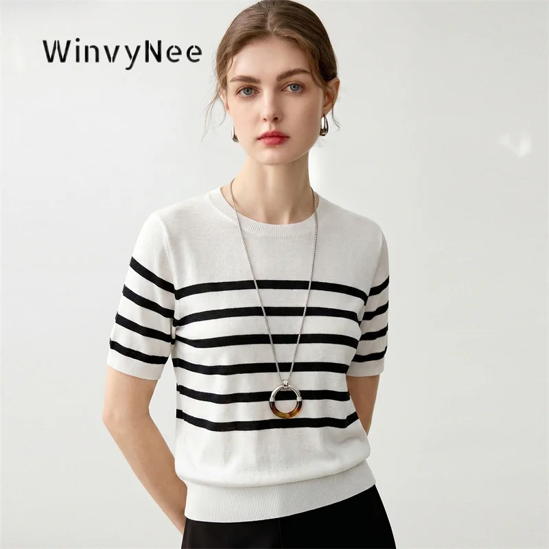WinvyNee Women Fine Worsted Pure Wool Pullover Striped Short Sleeve Thin Yarn Breathable Trendy Autumn Winter T-Shirt ZA1817011
WinvyNee Women Fine Worsted Pure Wool Pullover Striped Short Sleeve Thin Yarn Breathable Trendy Autumn Winter T-Shirt ZA1817011